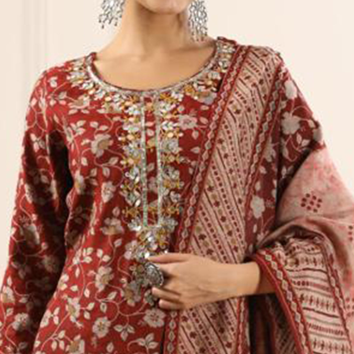 Peachmode Maroon Jaipuri Printed Chanderi Salwar Suit - view 3