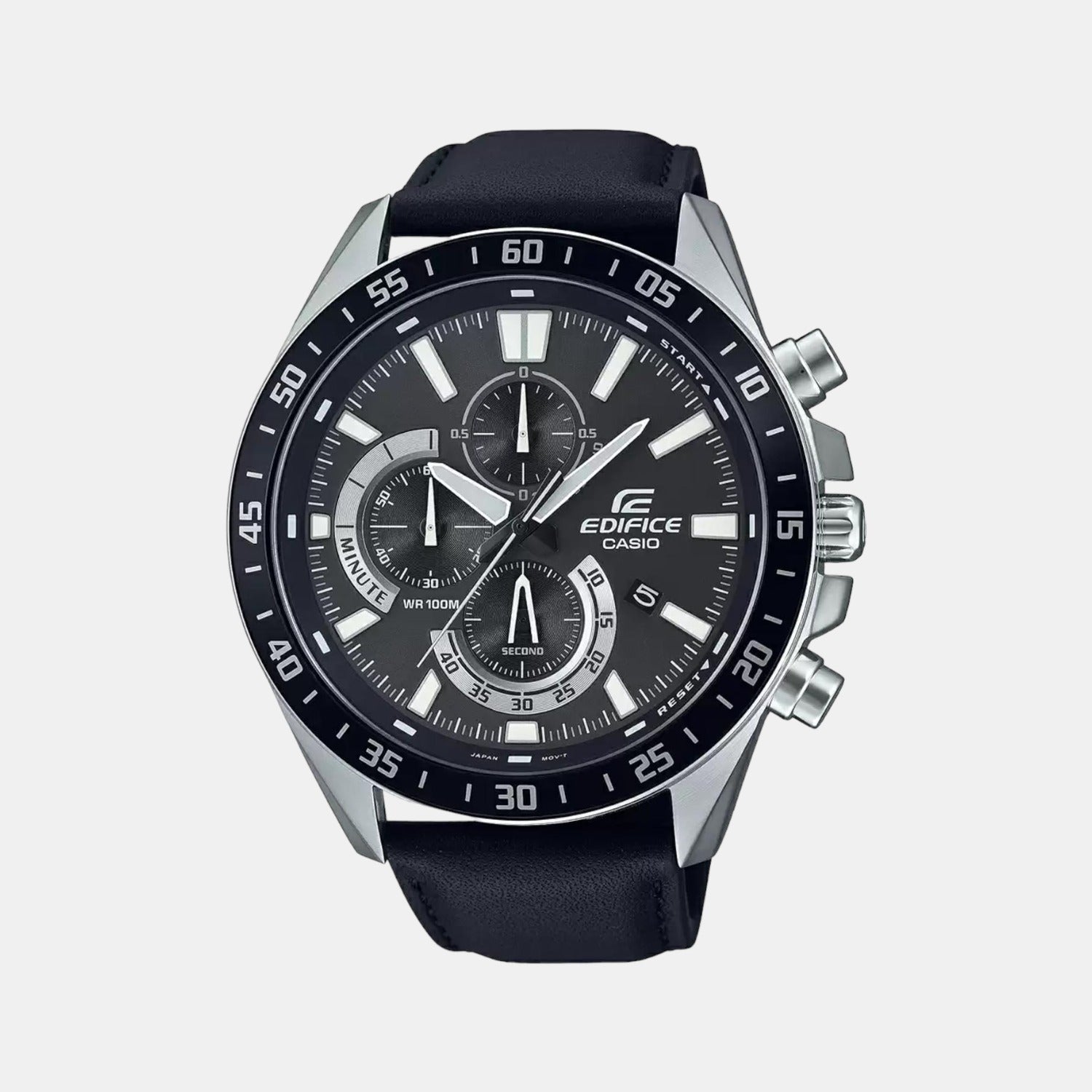 Casio Edifice Men Quartz Black Dial Chronograph Leather Watch ED534