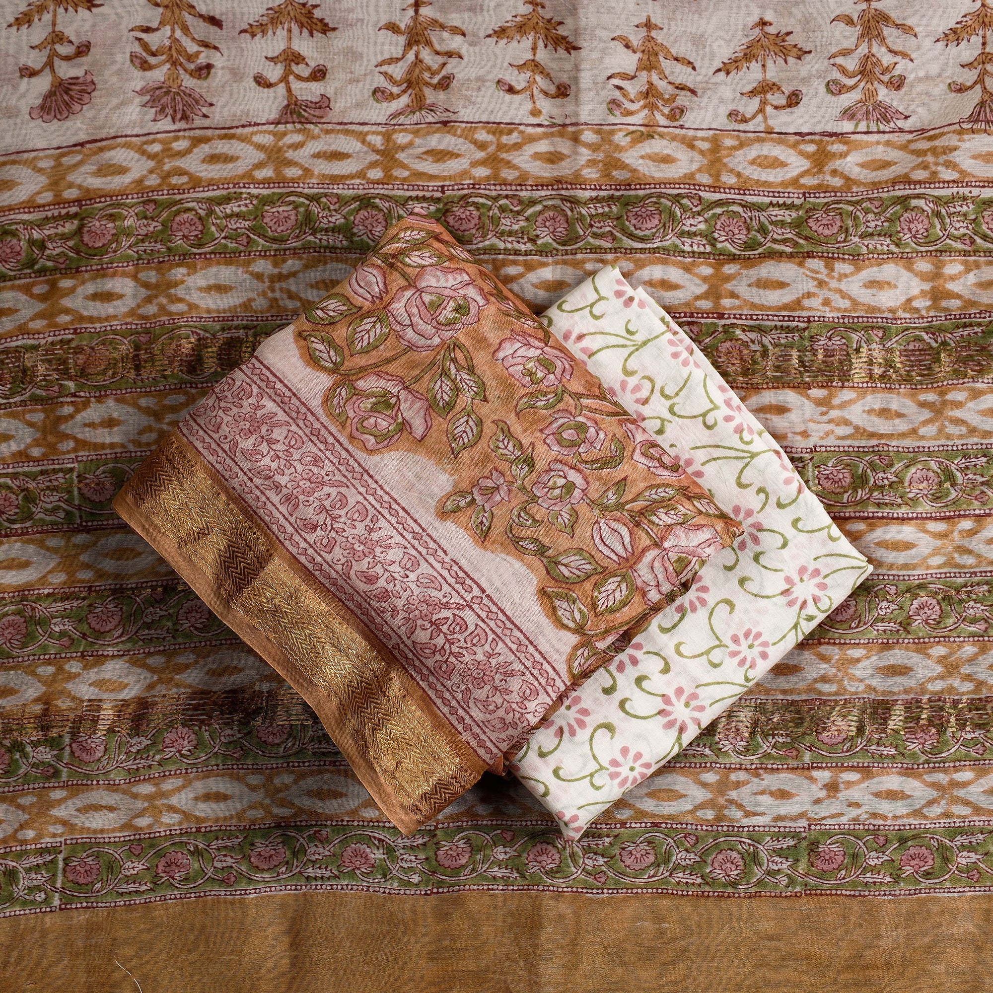 ARTISAN HAND BLOCK PRINTS Brown - 3pc Sanganeri Block Printed Maheshwari Silk Suit Material Set - view 2