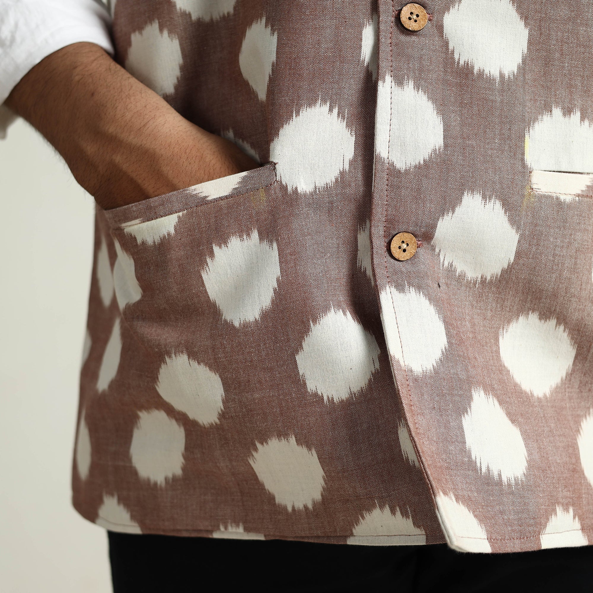 ITOKRI CASUALS Brown - Pochampally Double Ikat Handloom Cotton Men Nehru Jacket 05 - view 8