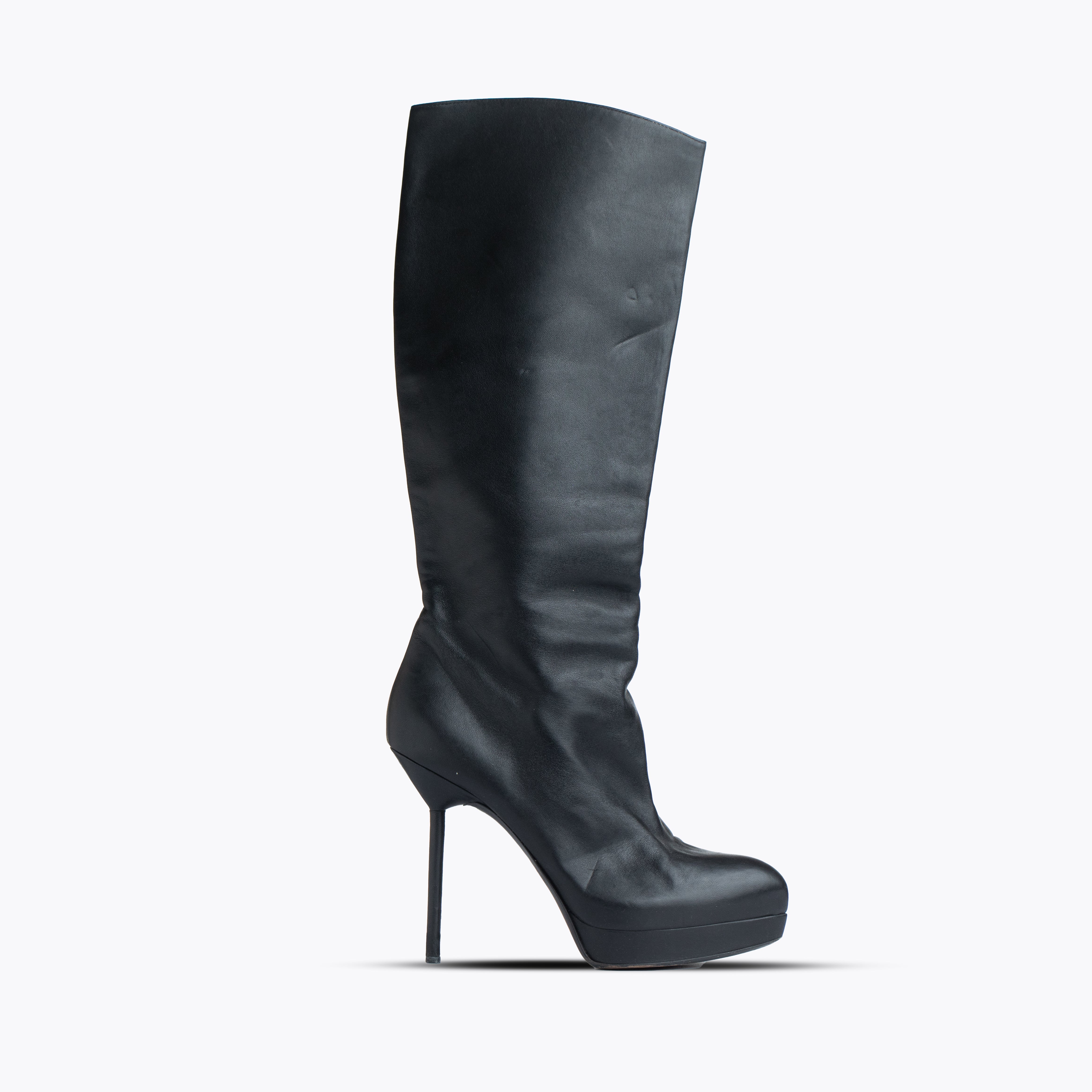 YSL Yves Saint Laurent Rive Gauche Knee Length Black Leather Heeled Boots