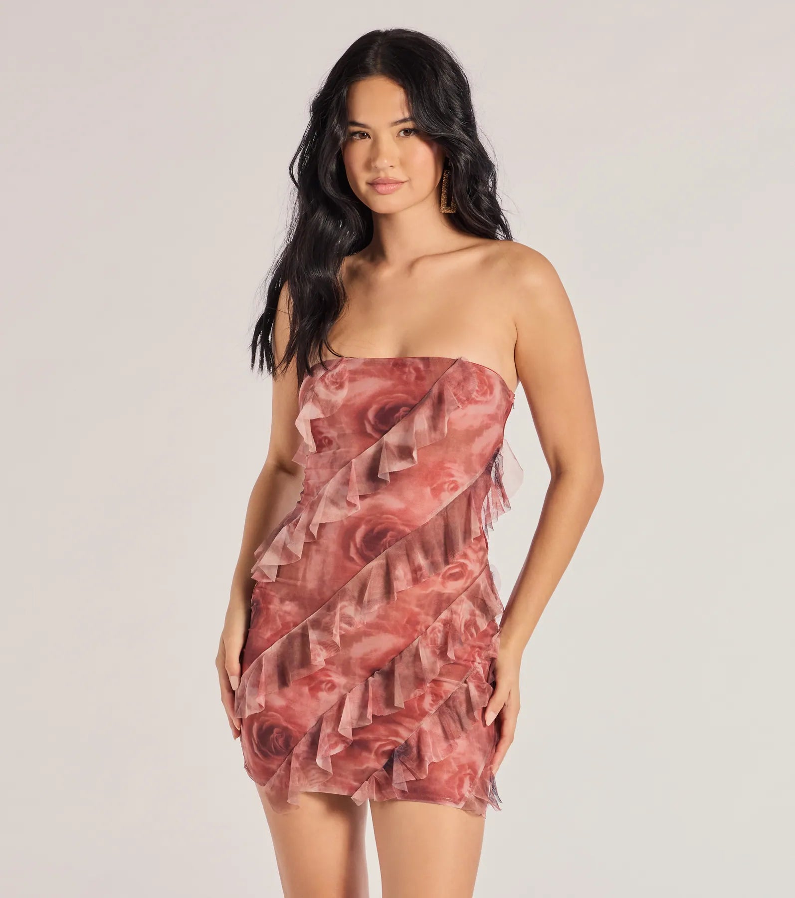 Windsor Blooming Floral Print Ruffled Mesh Mini Dress