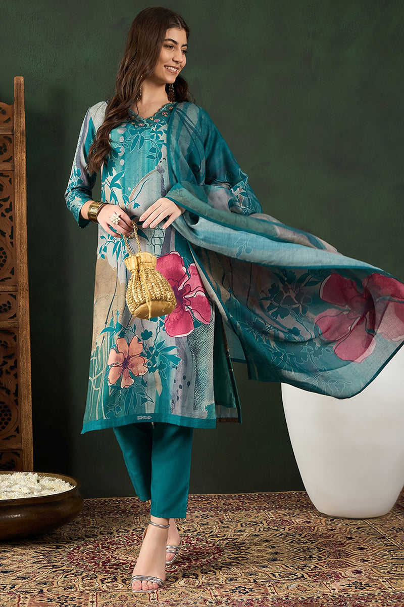 Ahika Teal Rayon Blend Floral Printed Straight Trouser Bottom Suit Set PKSKD2538TIL