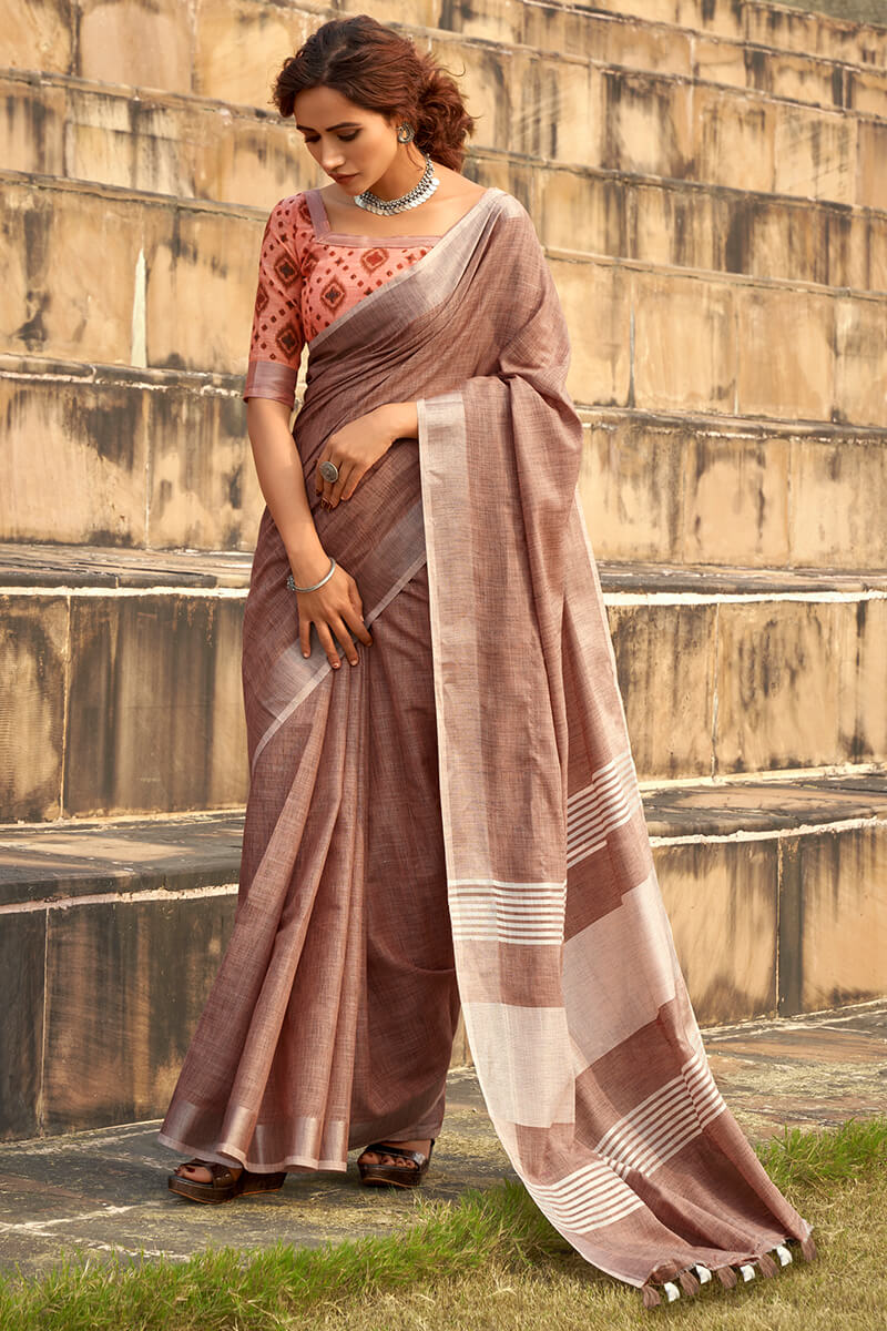 Rajpath Bewitching Brown Cotton Silk Saree With Gossamer Blouse Piece