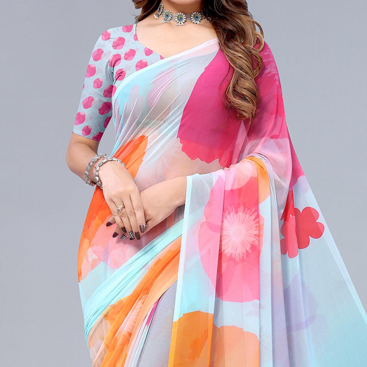 Peachmode Light Blue Printed Georgette Saree – Women's - view 3