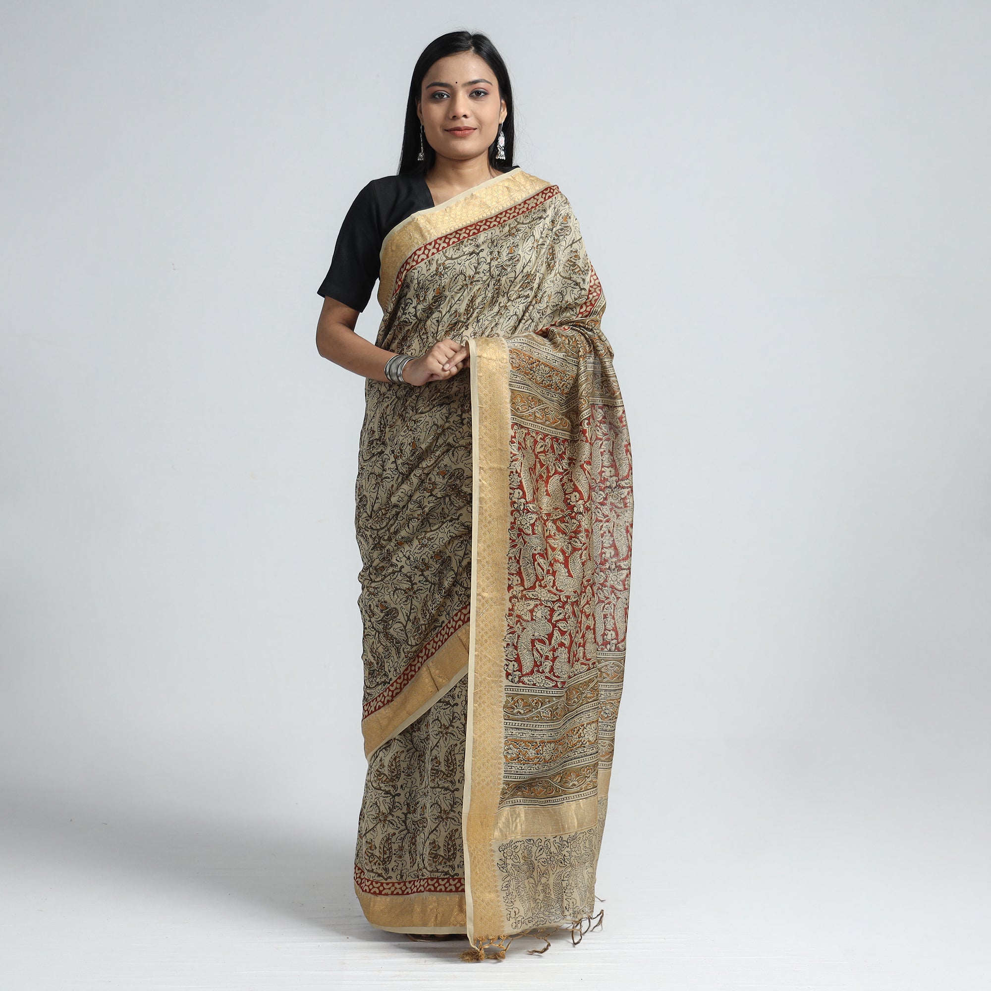 VENKATA BHANU KALAMKARI PEDANA Beige - Original Pedana Kalamkari Block Print Silk Saree - view 2
