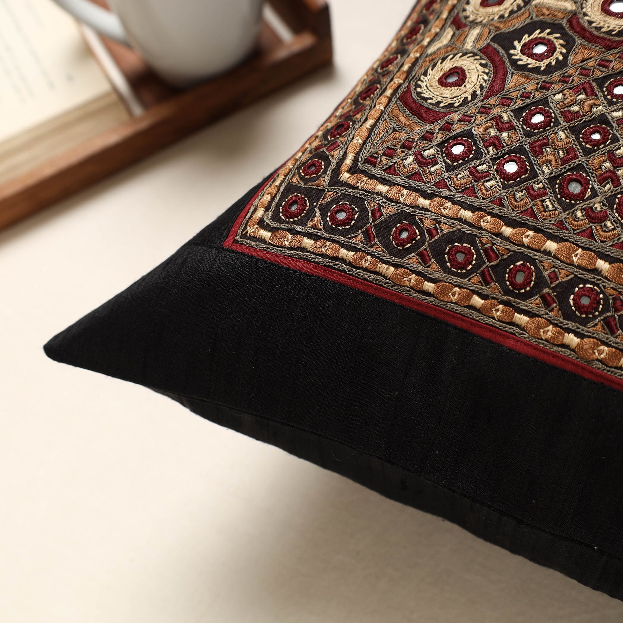 QASAB Black - Kutch Pakko Hand Embroidery Silk Cushion Cover (16 x 16 in) - view 2