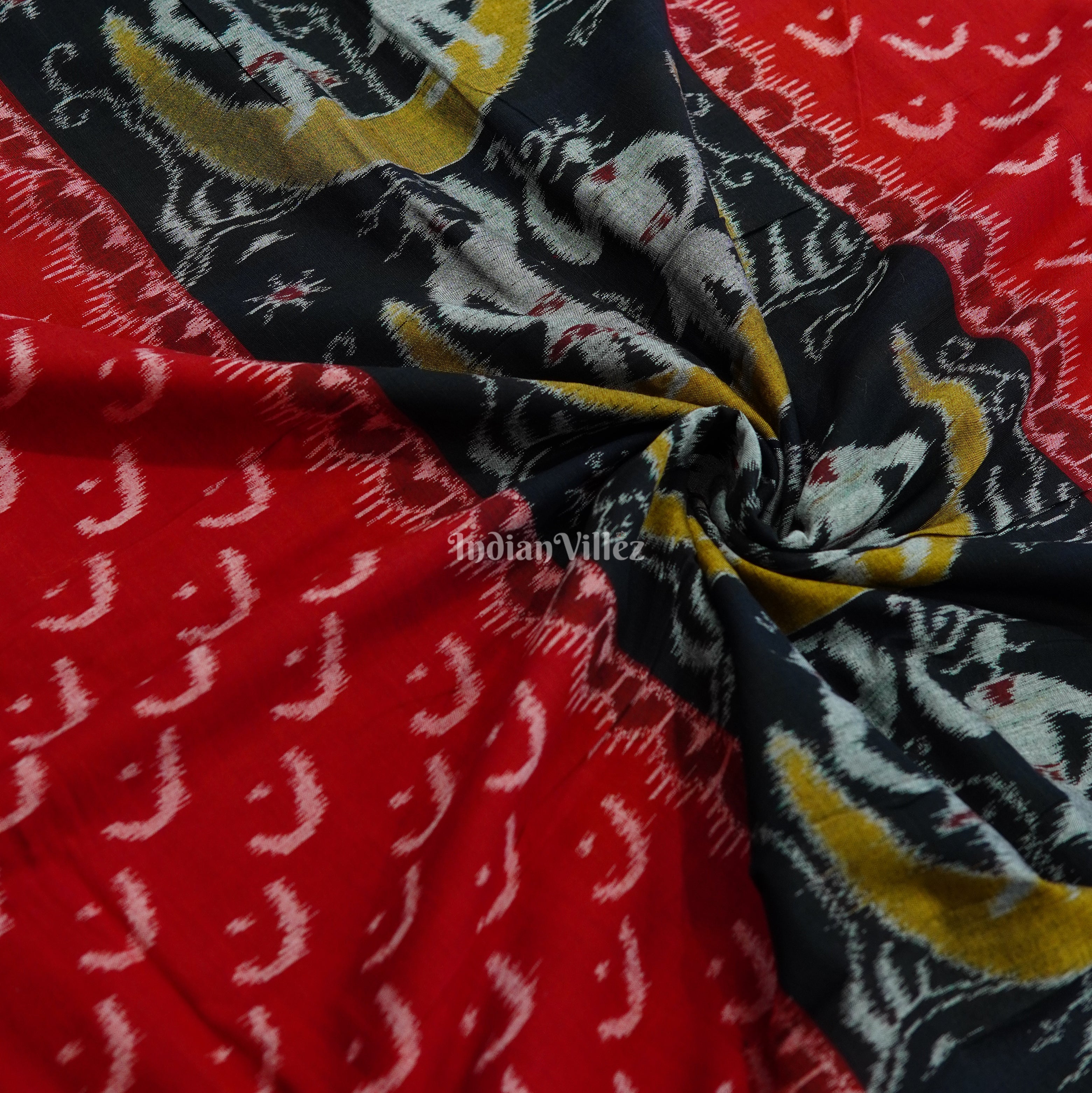IndianVillèz Black Red Half Moon Tribal Theme Sambalpuri Ikat Cotton Fabric