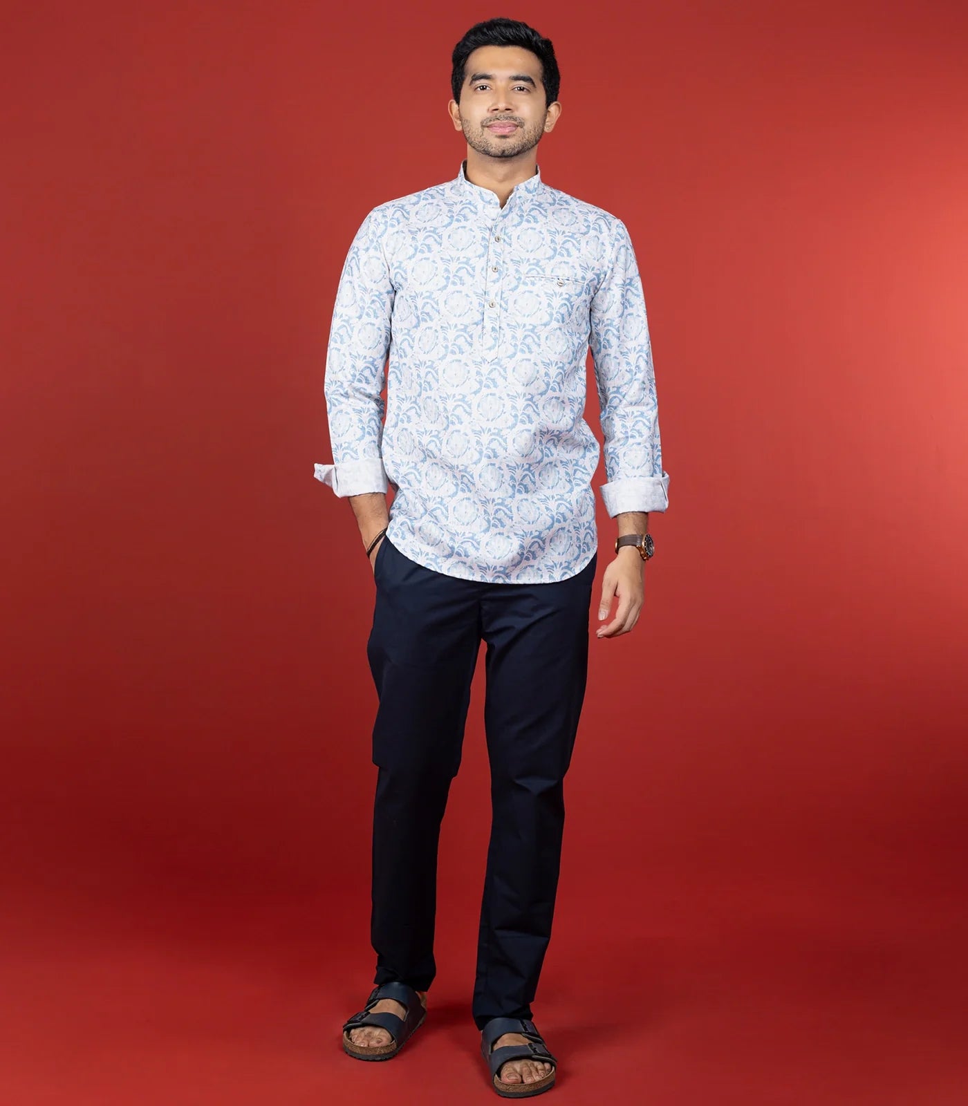 RmKV Off White Blue Floral Printed Short Kurta With Mandarin Collar"-Off White