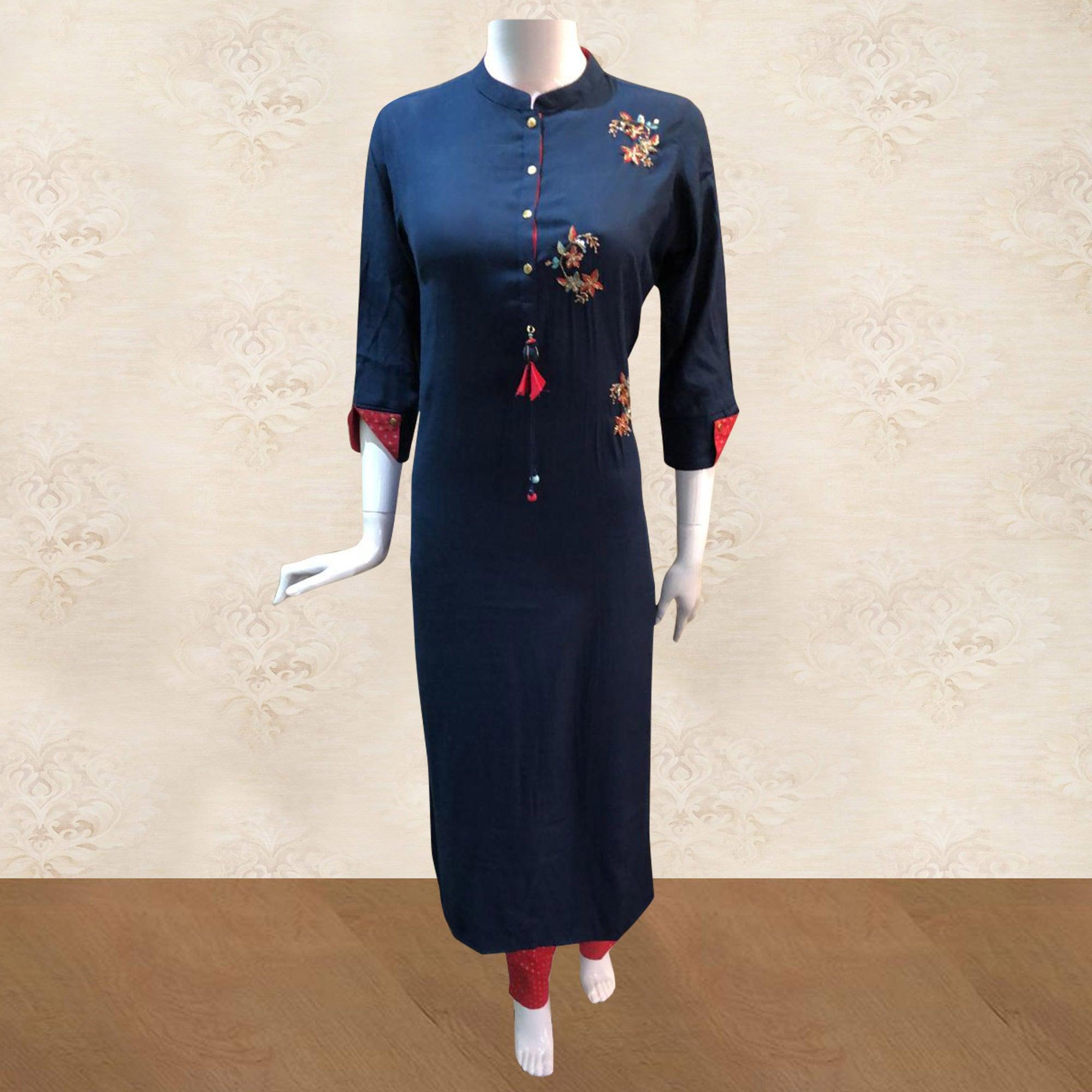 Peachmode Dazzling Navy Blue Colored Partywear Handwork Cotton Kurti-Pant Set