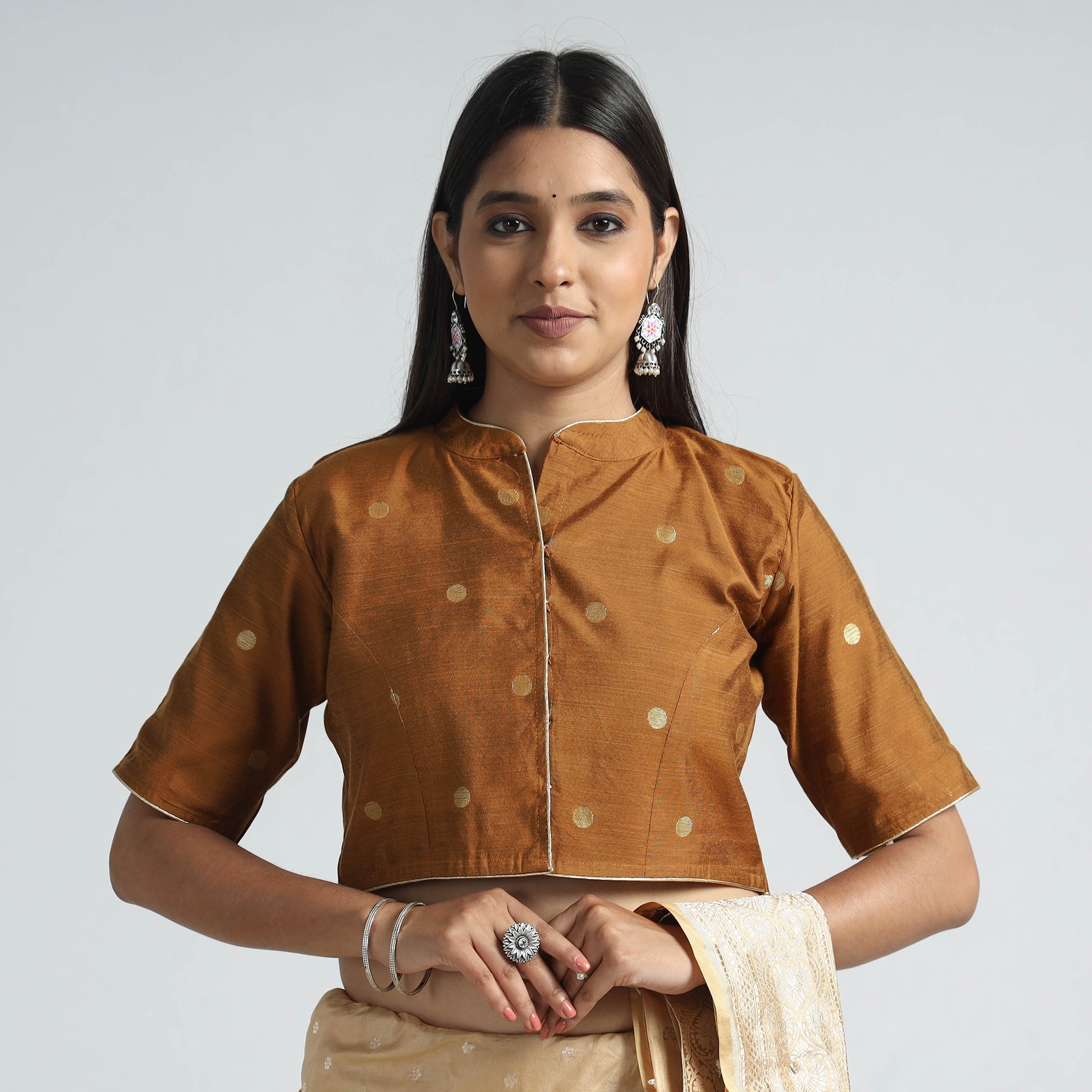 ITOKRI CASUALS Brown - Polka Dot Zari Buti Viscose Silk Stitched Blouse