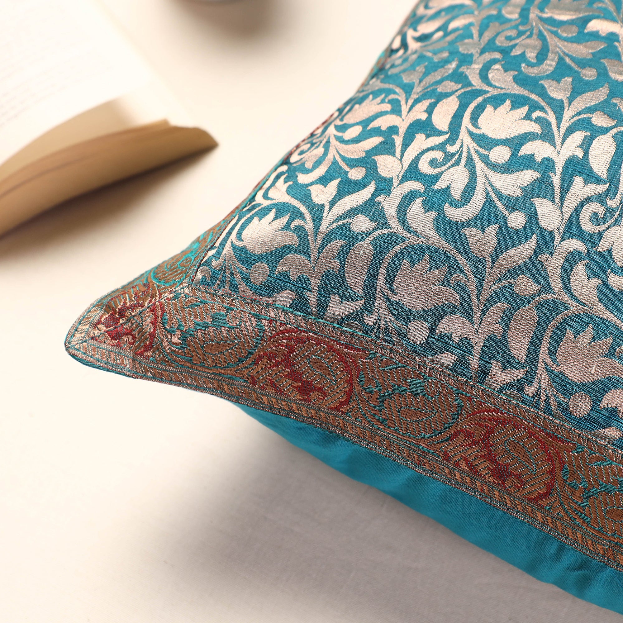 BANARASI BY MAQBUL HASAN Blue - Banarasi Handwoven Silk Zari Cushion Cover (16 x 16 in) - view 2