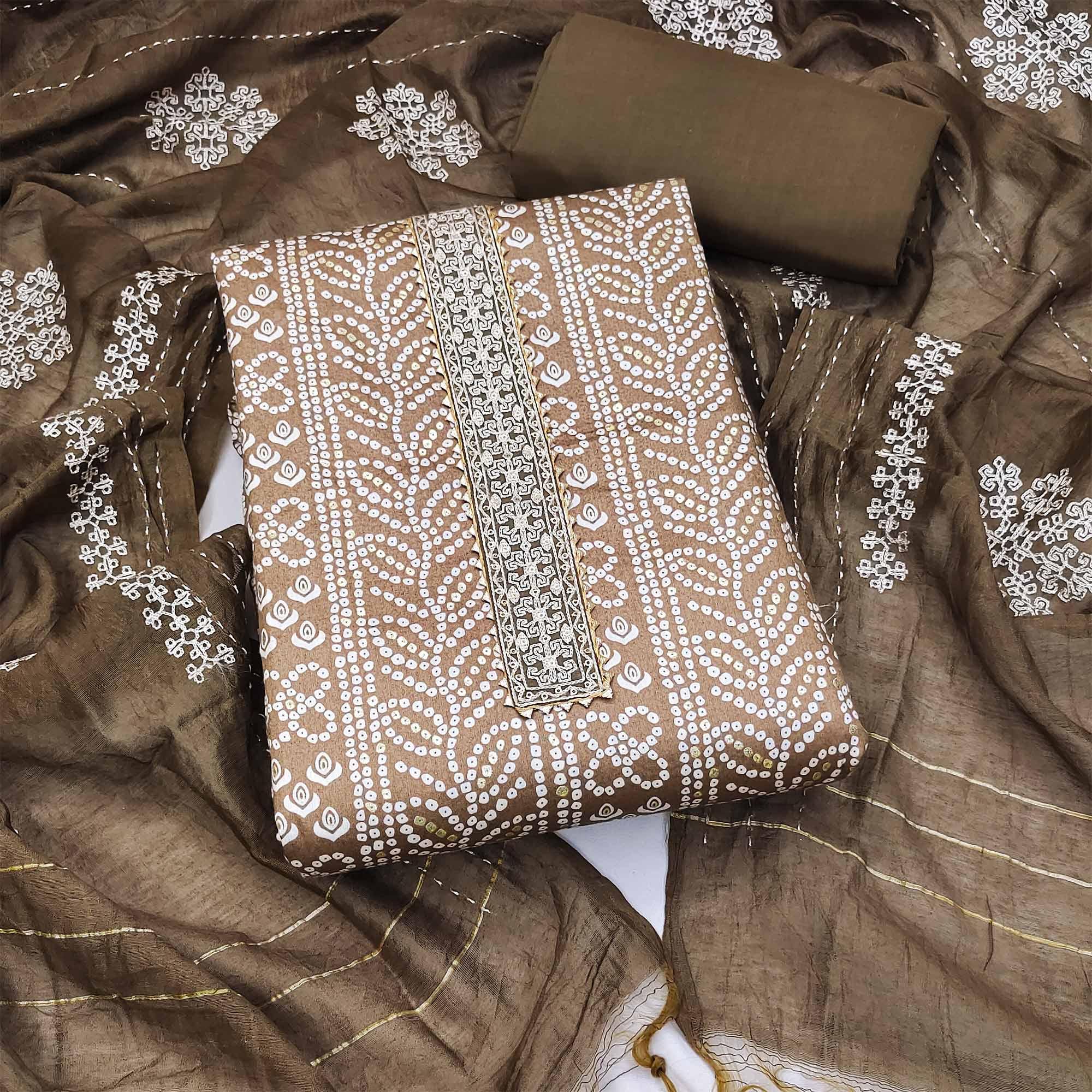 Peachmode Brown Bandhani Printed Pure Cotton Dress Material