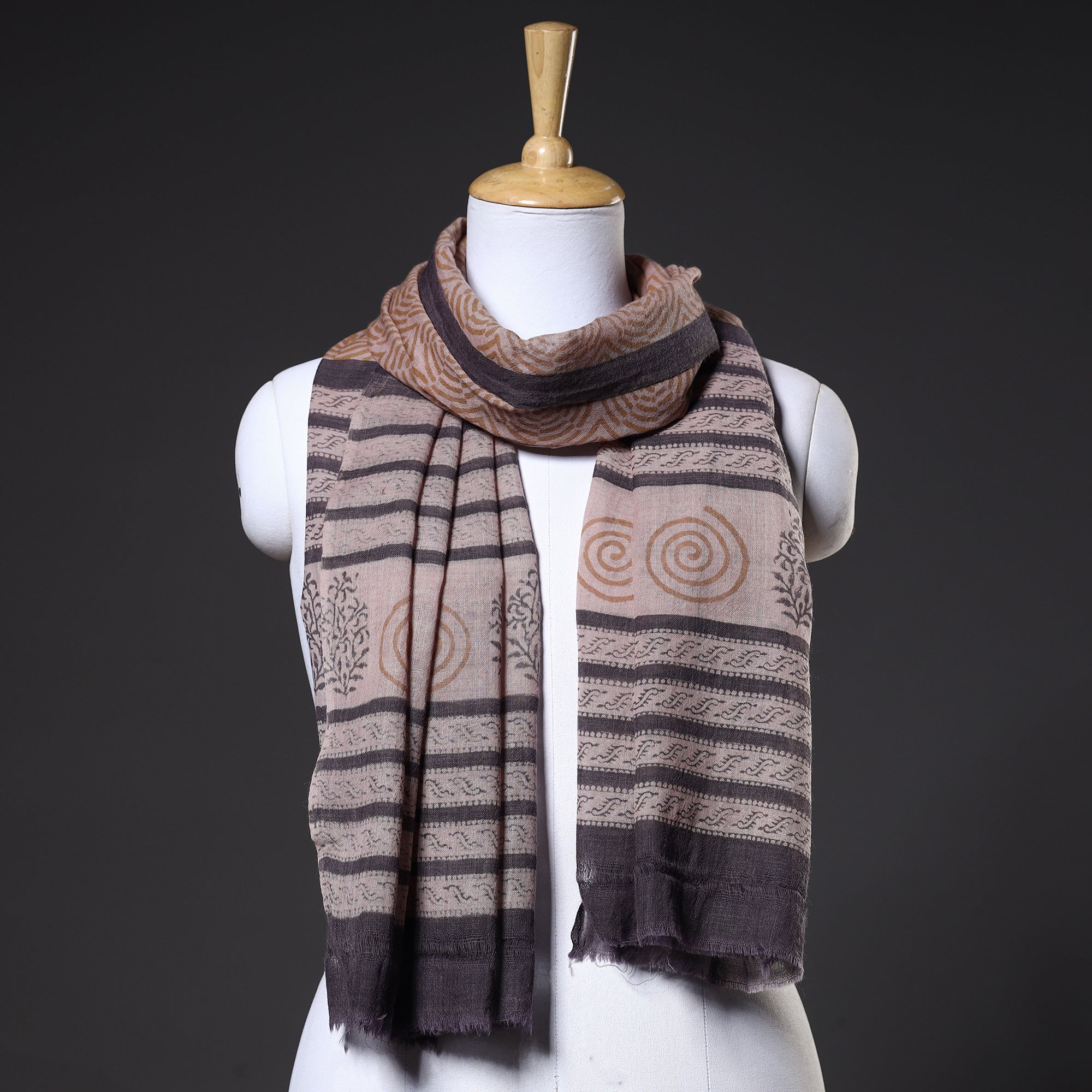 ARTISAN HAND BLOCK PRINTS Brown - Bagru Hand Block Printed Pure Wool Stole