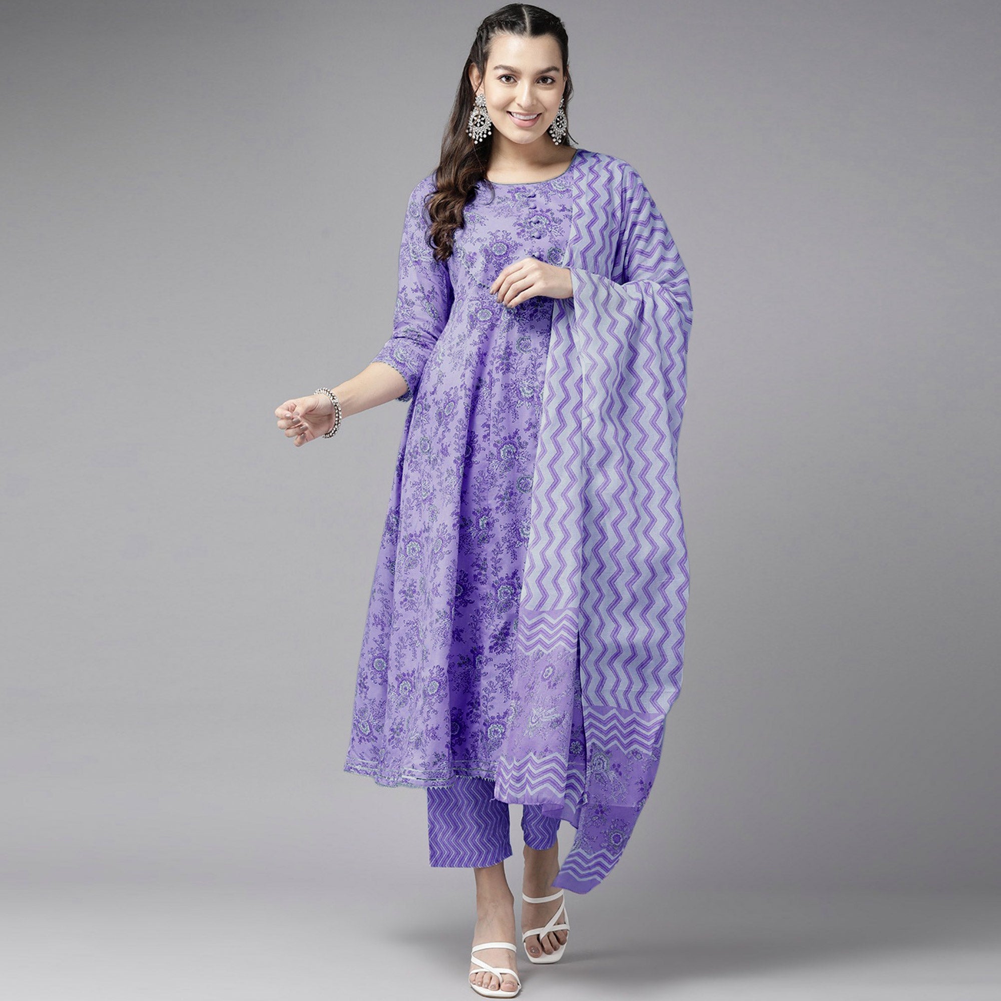 Peachmode Light Purple Floral Printed Pure Cotton Anarkali Suit