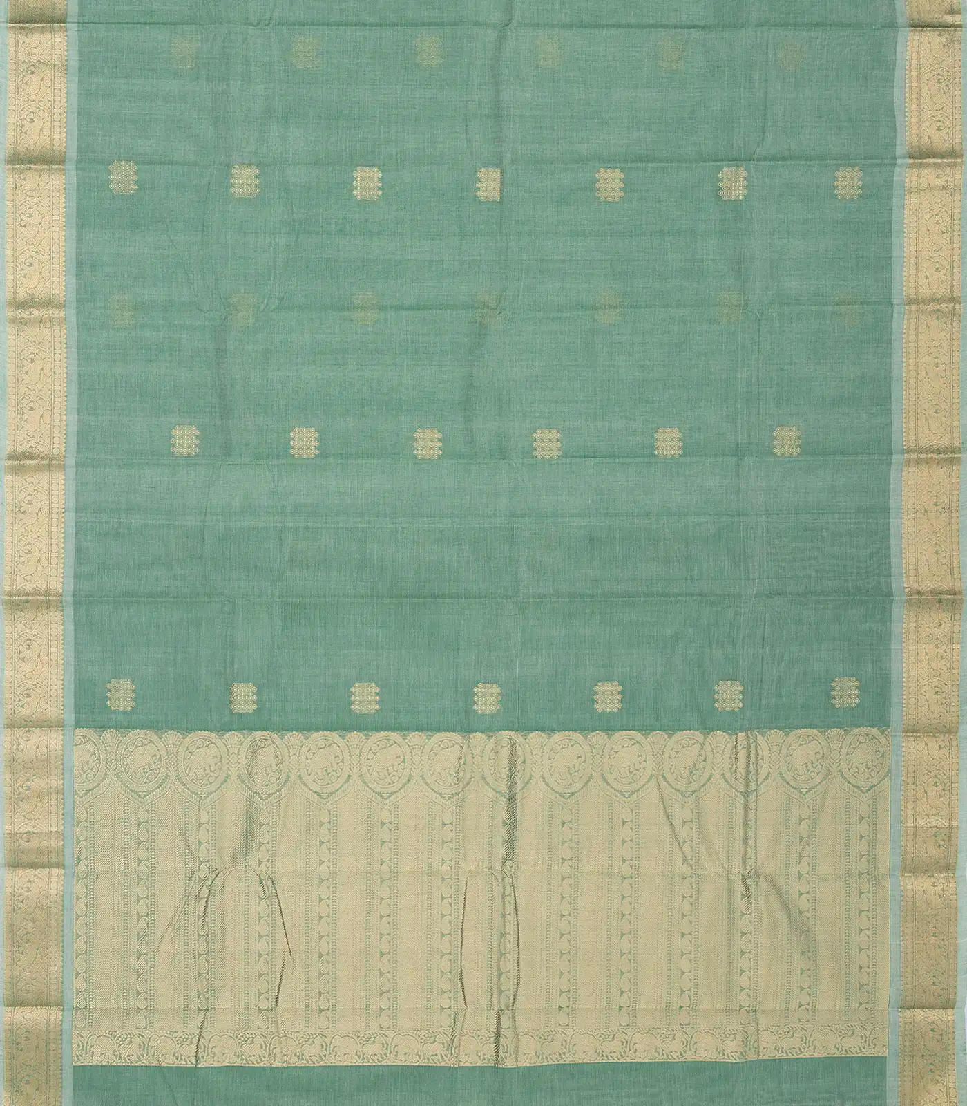 RmKV Light Green Handloom Kanchi Cotton Saree With Kolam Butta And Animal Motifs. - view 2
