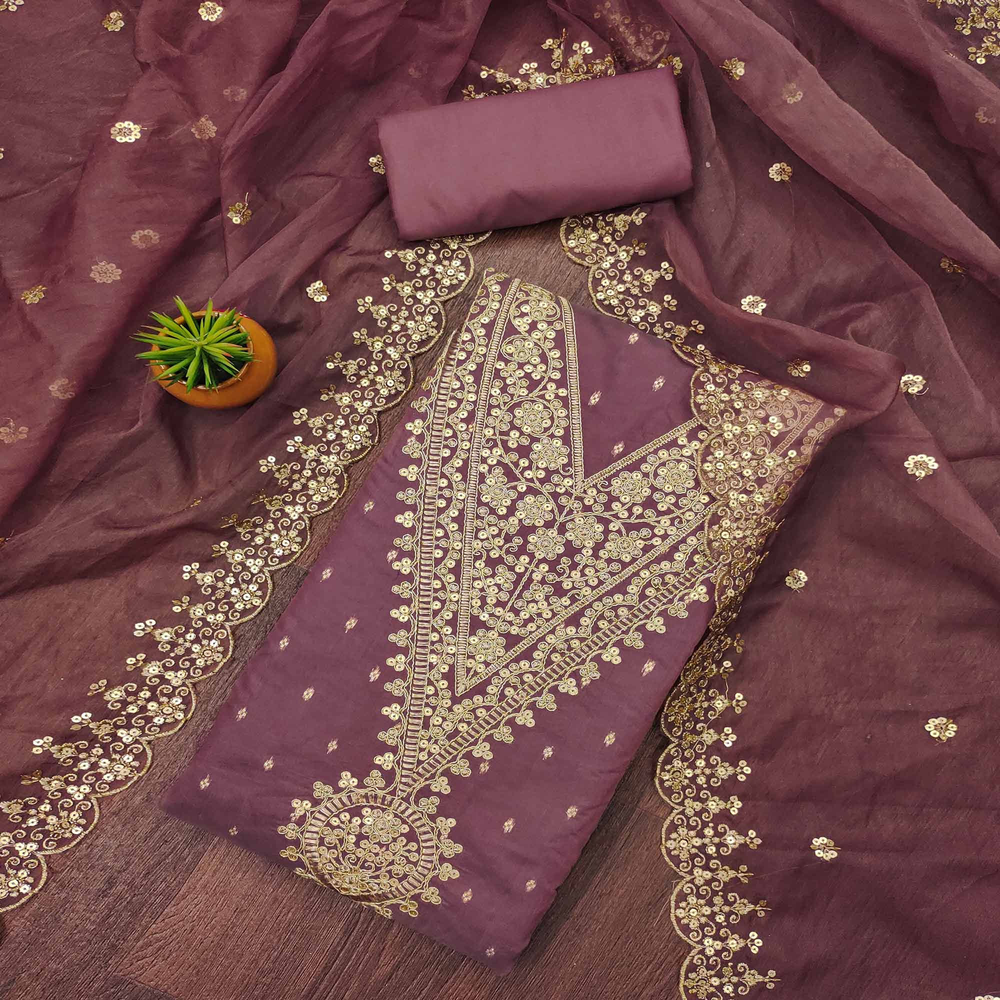 Peachmode Mauve Sequins Embroidered With Woven Chanderi Dress Material