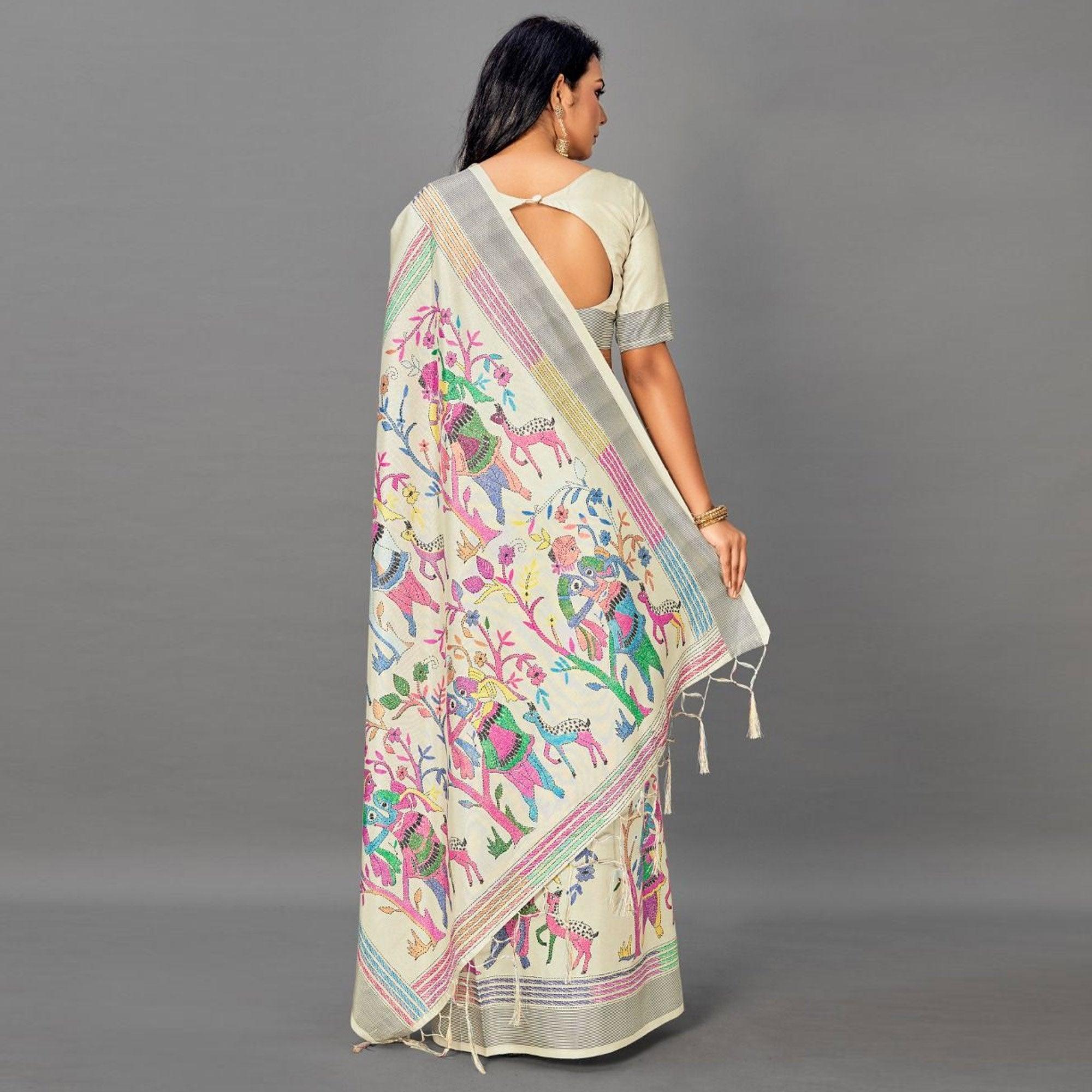 Peachmode Cream Casual Art Silk Printed Saree With Unstitched Blouse - view 2