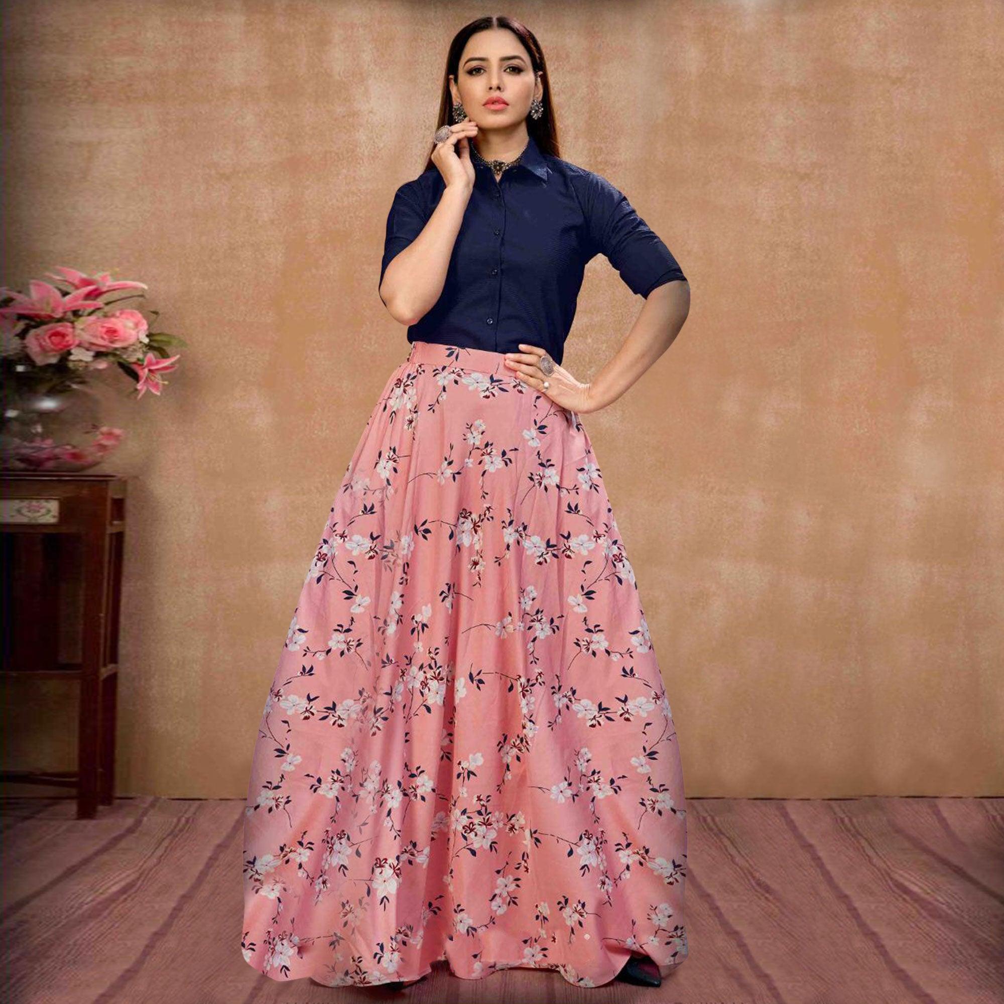 Peachmode Breathtaking Navy Blue-Pink Colored Partywear Printed Silk Top-Skirt Set