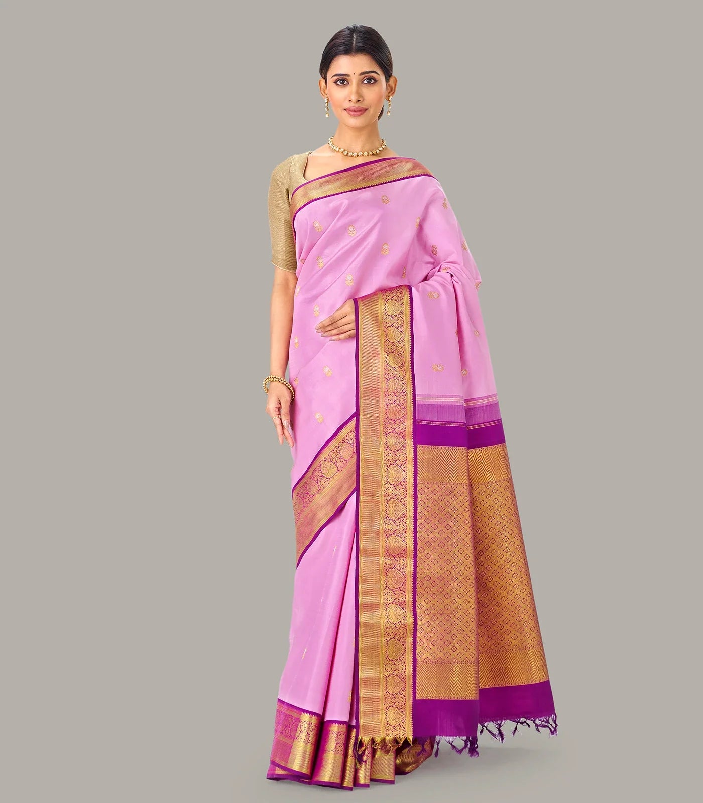 RmKV Baby Pink Handloom Kanchipuram Korvai Silk Saree With Zari Buttas