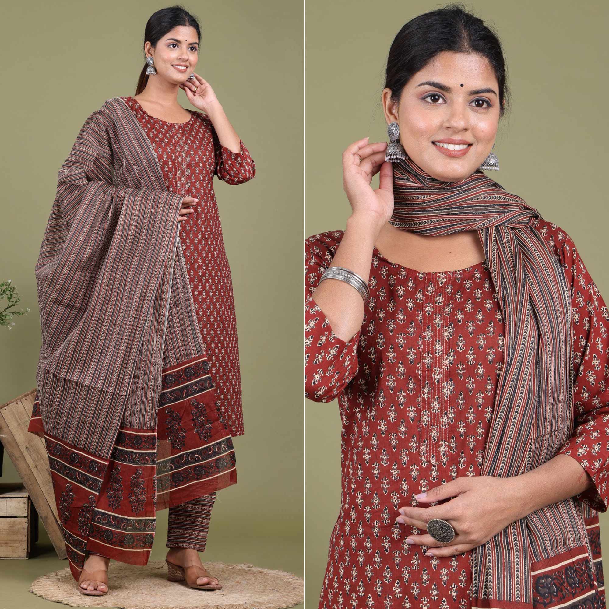 Peachmode Seller Maroon Floral Printed Pure Cotton Suit
