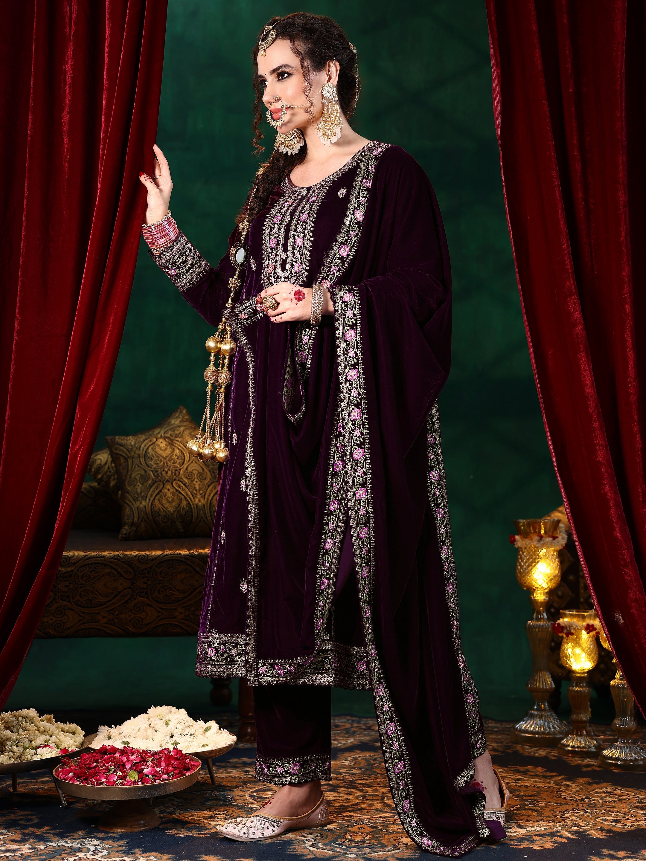 Libas Burgundy Embroidered Velvet Straight Suit With Dupatta - view 2