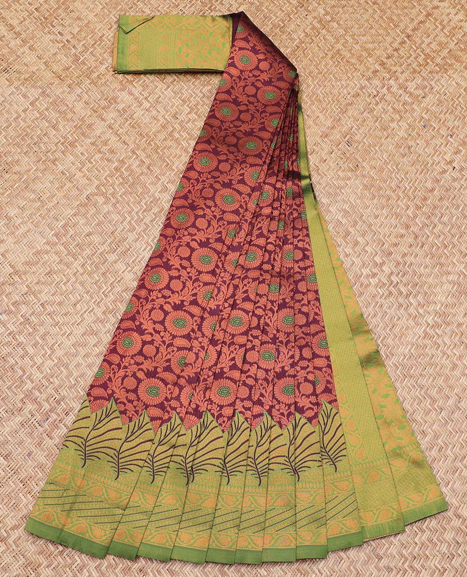 TheShoppothys Maroon Semi banaras jute cotton saree features floral vine, contrast zari design border & pallu of intricate designs - view 2
