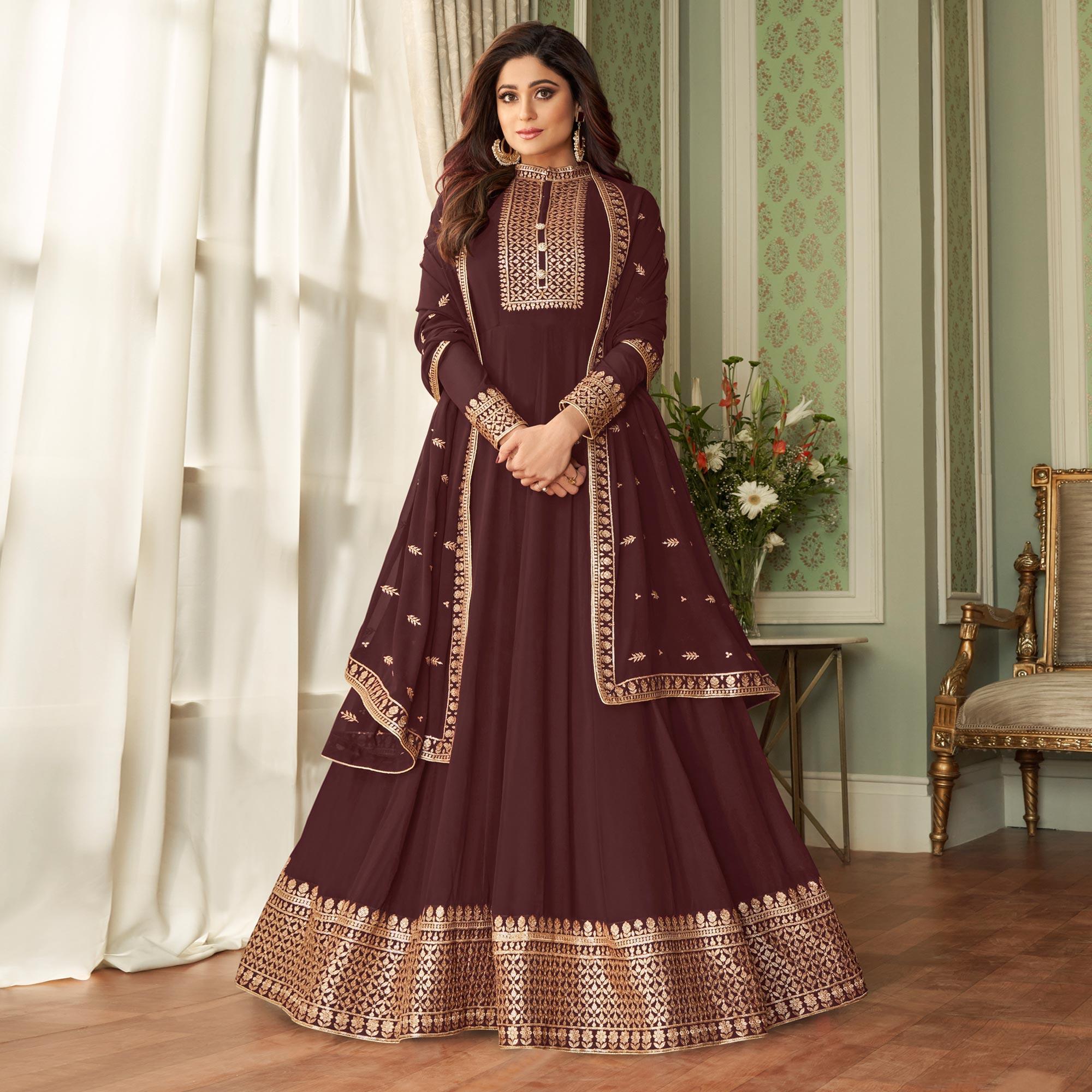 Peachmode Seller Brown Partywear Woven Georgette Anarkali Suit