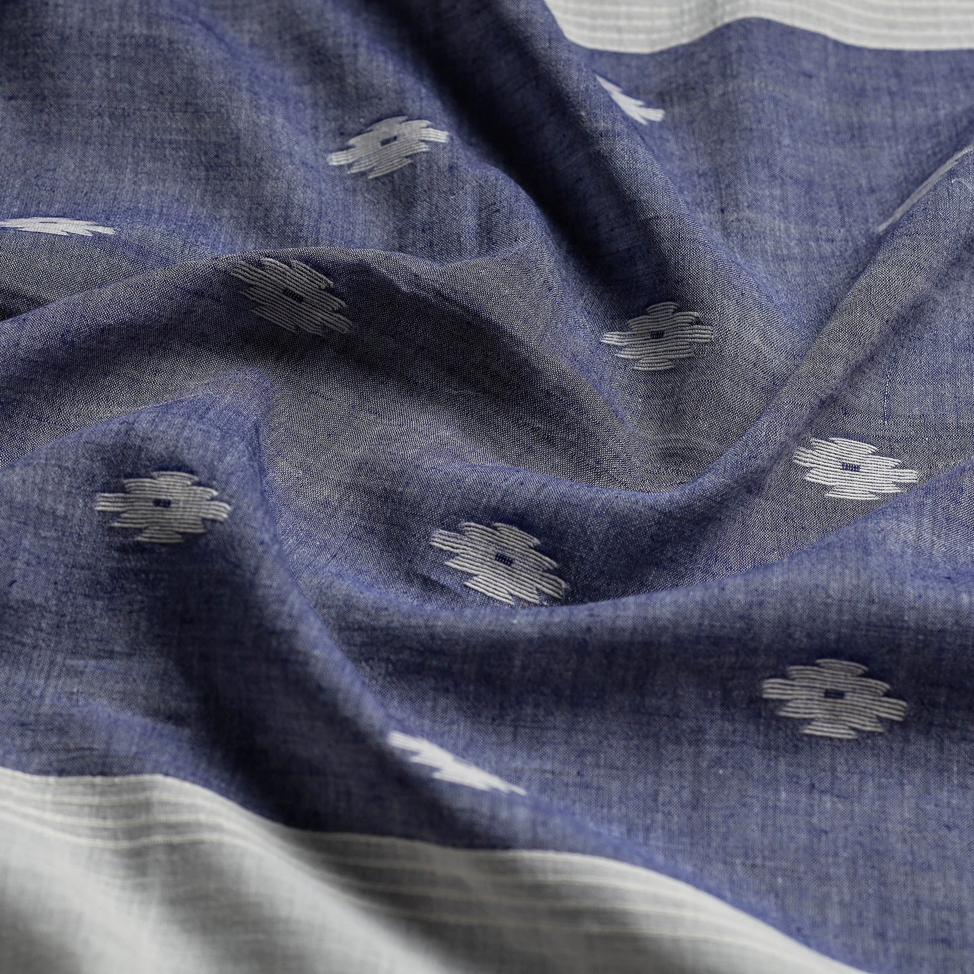 PARAMPARIK KARIGAR EXHIBITION ARTISANS Blue - Authentic Dhakai Muslin Jamdani Handwoven Pure Cotton Stole with Tassels - view 2
