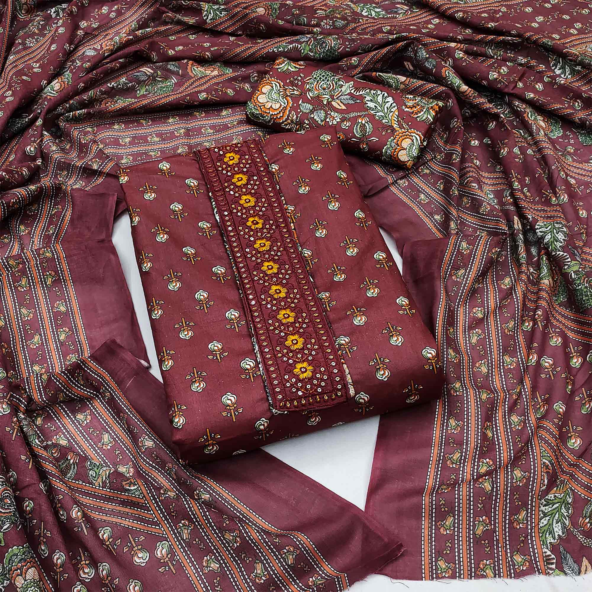 Peachmode Maroon Floral Printed Pure Cotton Dress Material