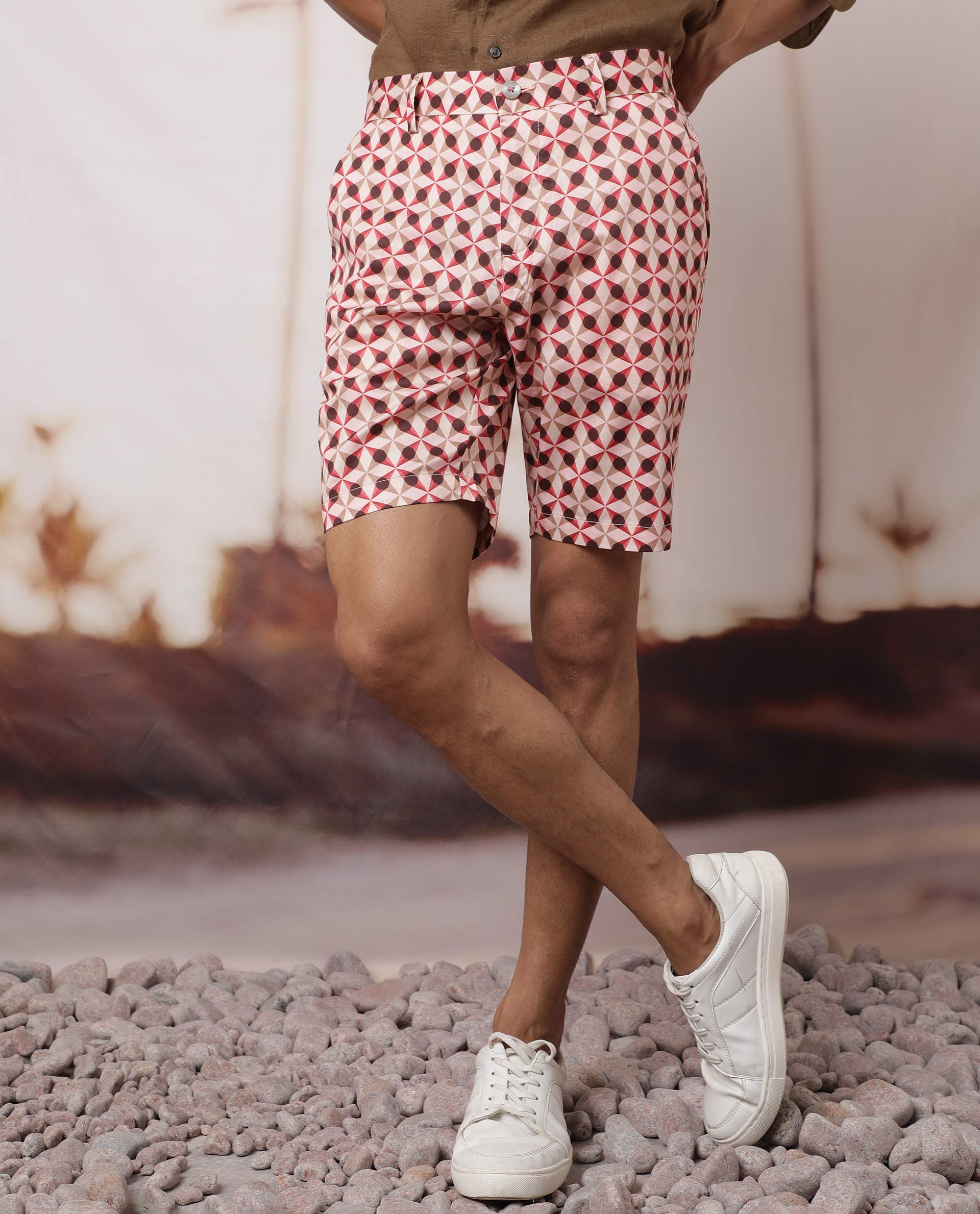 Rare Rabbit Men's Stany Pink Cotton Fabric Button & Zip Closure Slim Fit Mid Rise Geometric Print Shorts - view 4