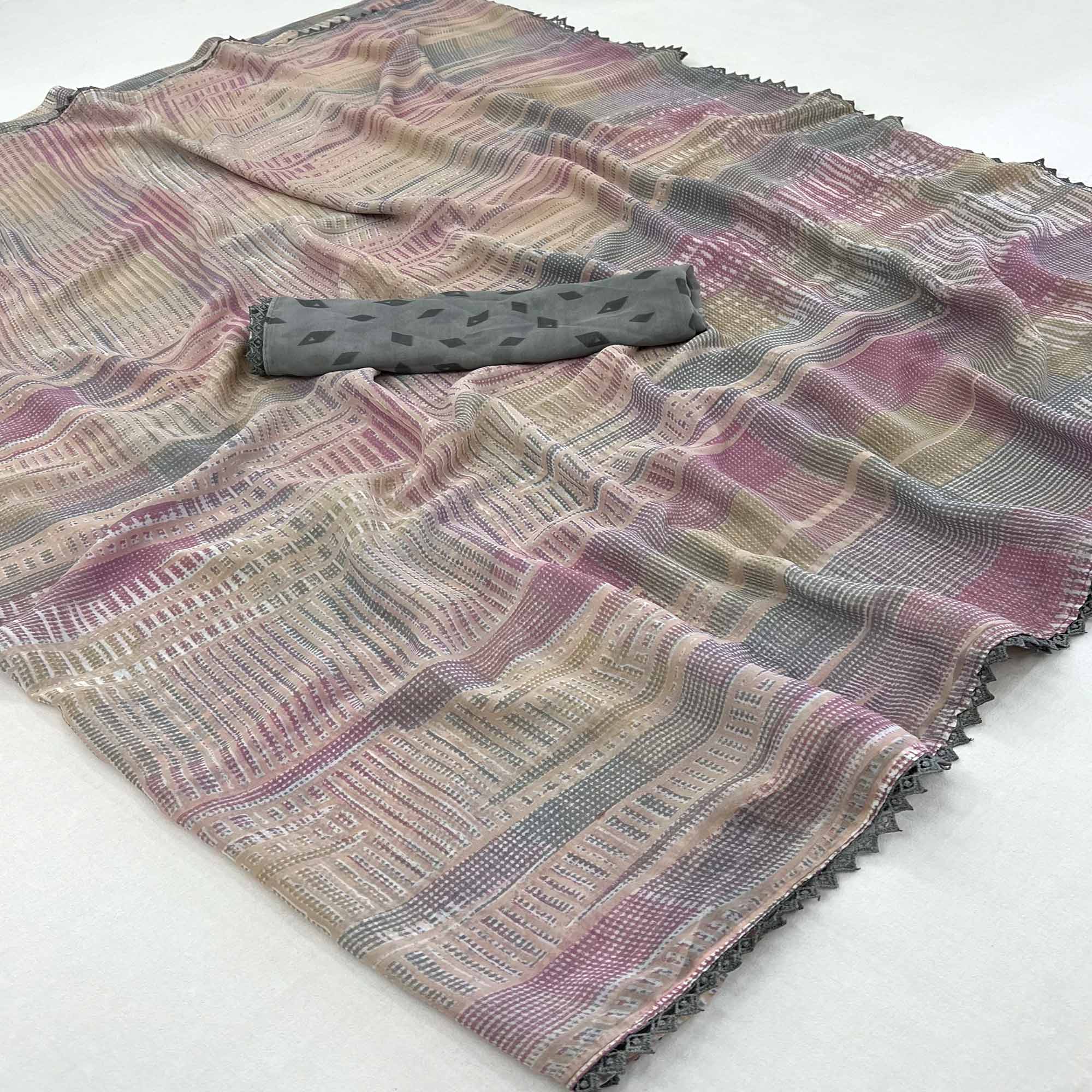 Peachmode Grey Printed Georgette Saree With Fancy Border
