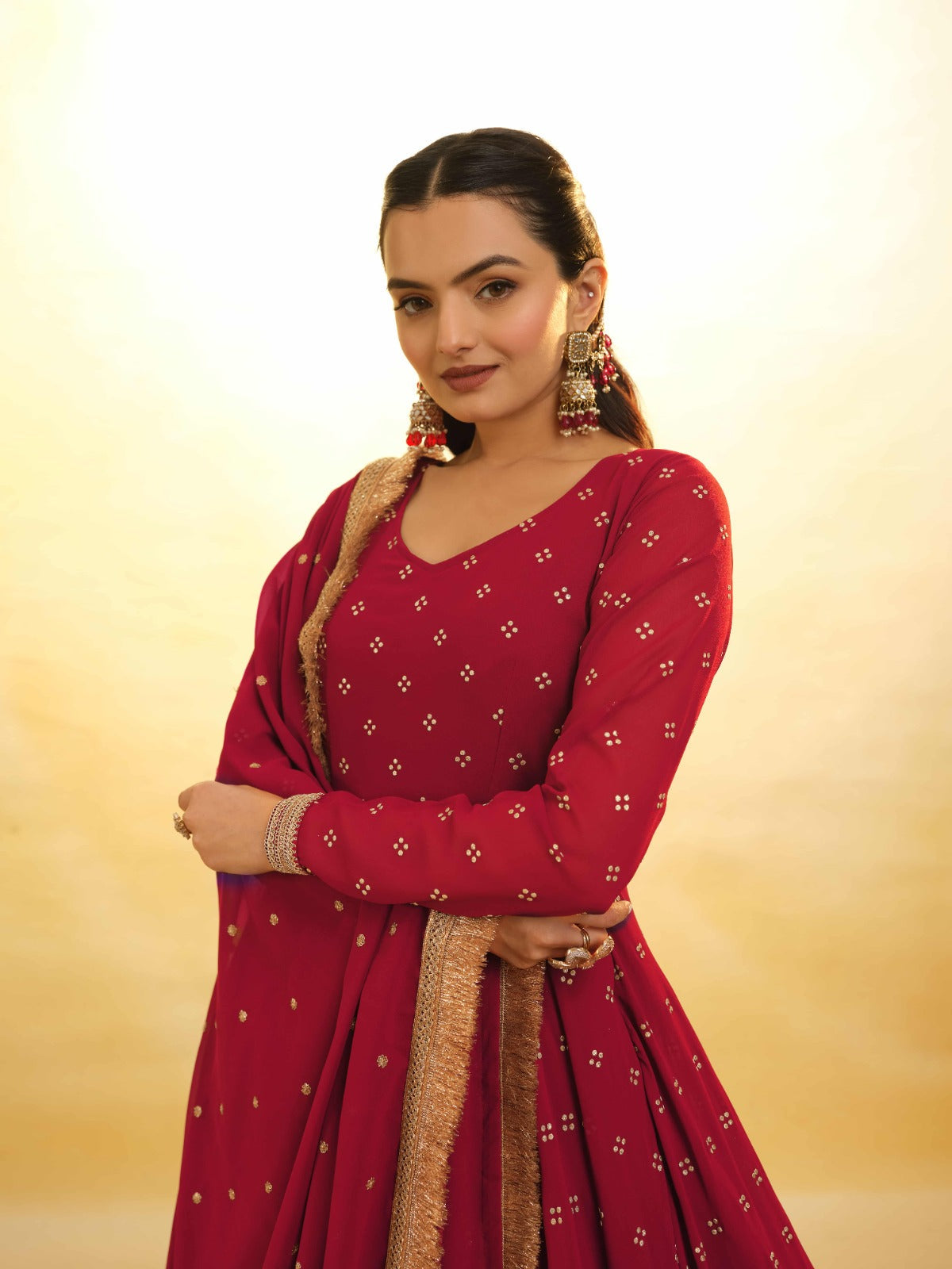 ClothsVilla Maroon Georgette Suit with Embroidery and Shantoon Bottom - view 5