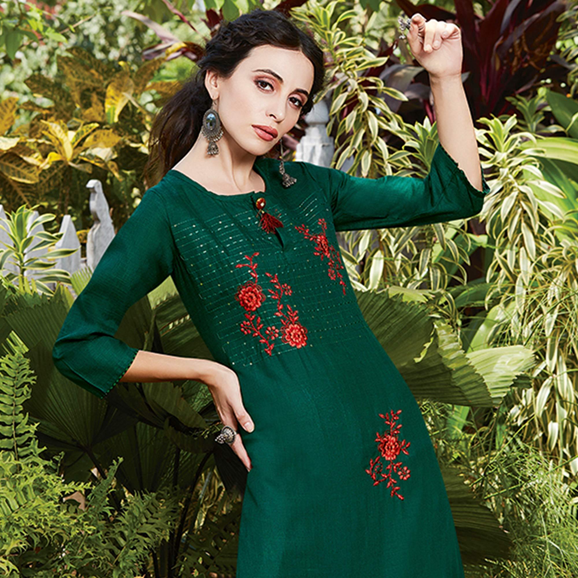 Peachmode Seller Charming Dark Green Colored Casual Wear Embroidered Cotton Sulb Kurti - view 2