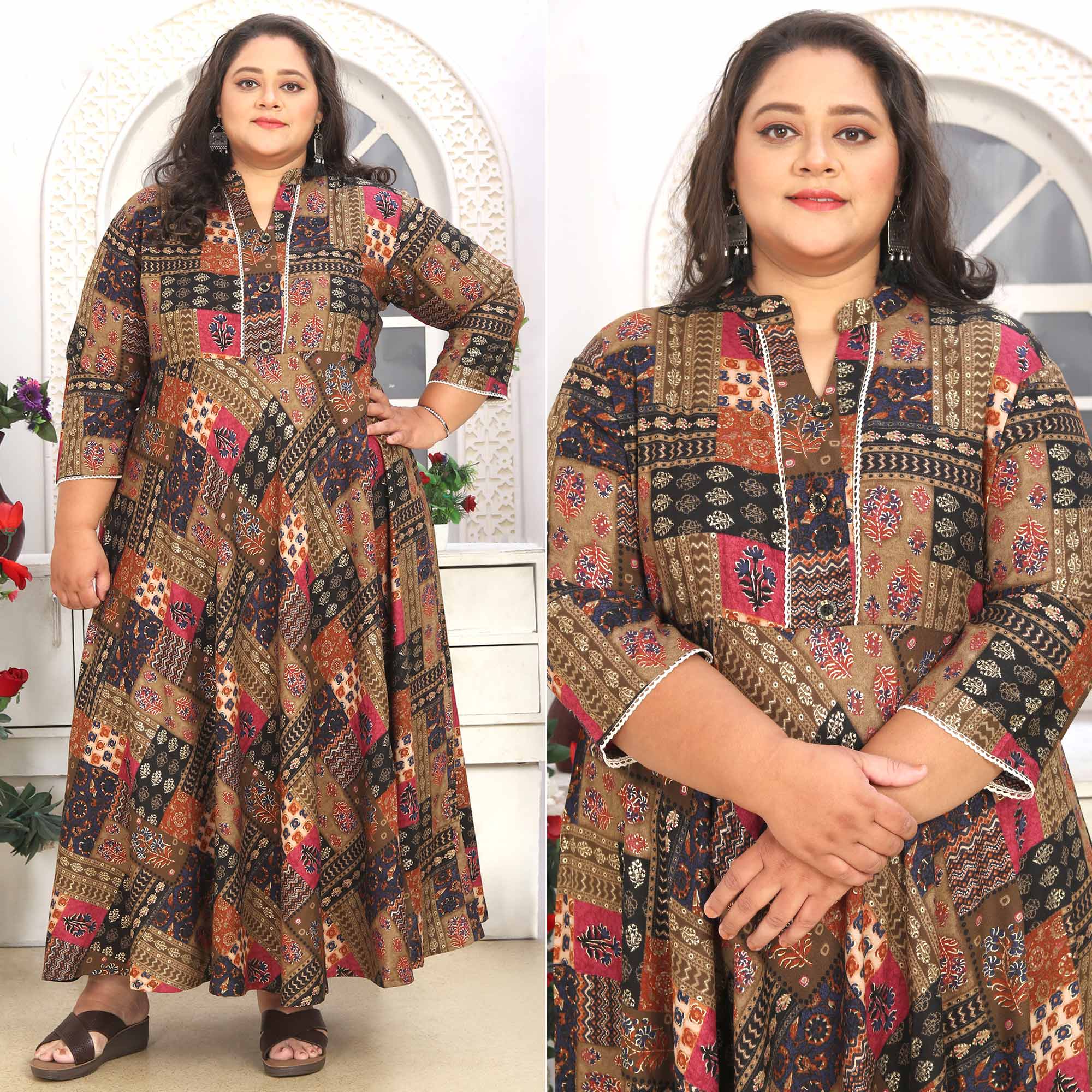 Peachmode Seller Brown Floral Printed Rayon Long Kurti