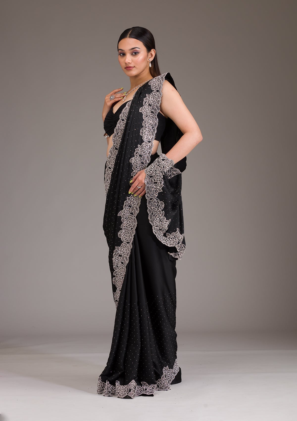 Koskii Black Swarovski Satin Saree – Women's - view 4