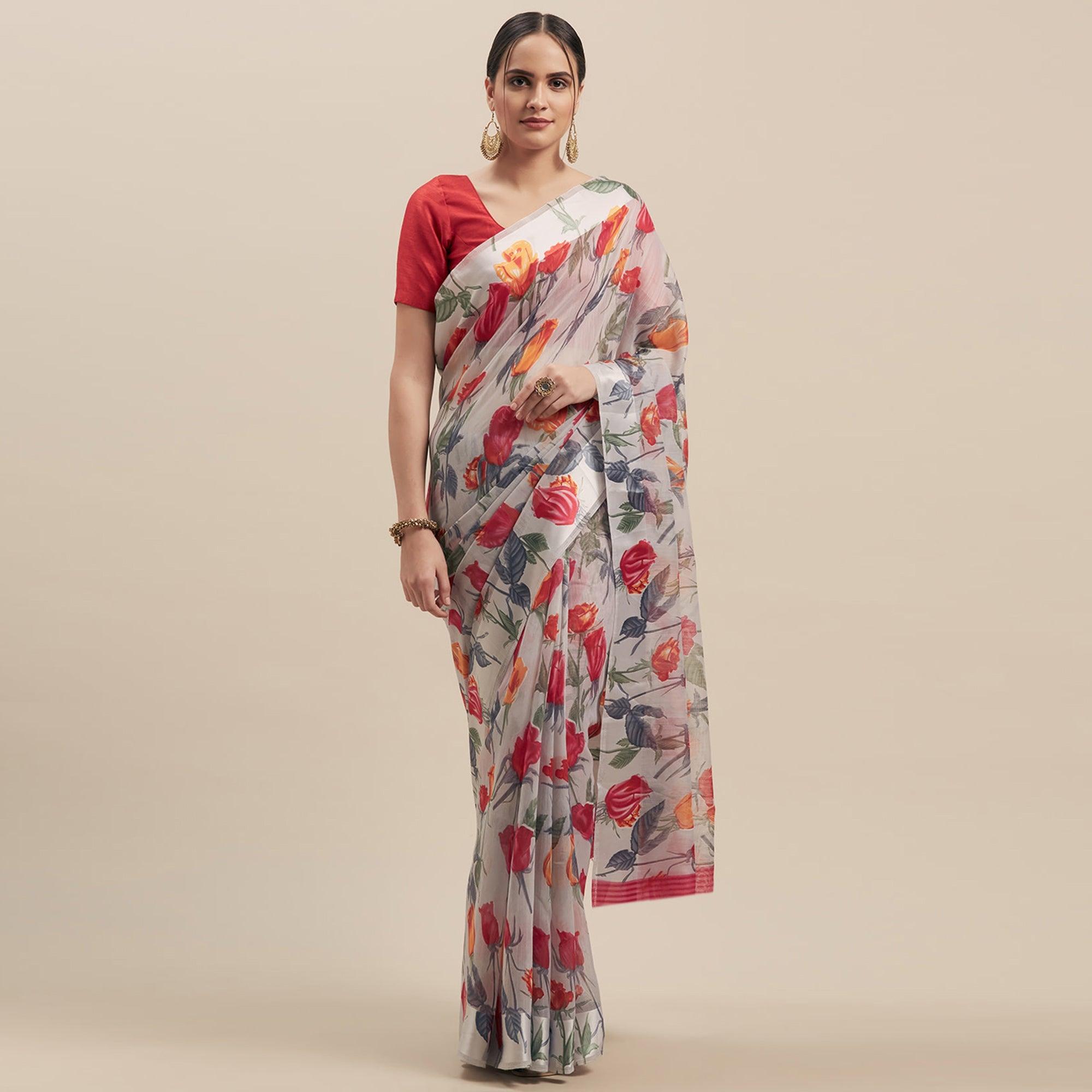 Peachmode Captivating Grey-Pink Colored Casual Wear Floral Printed Linen Saree