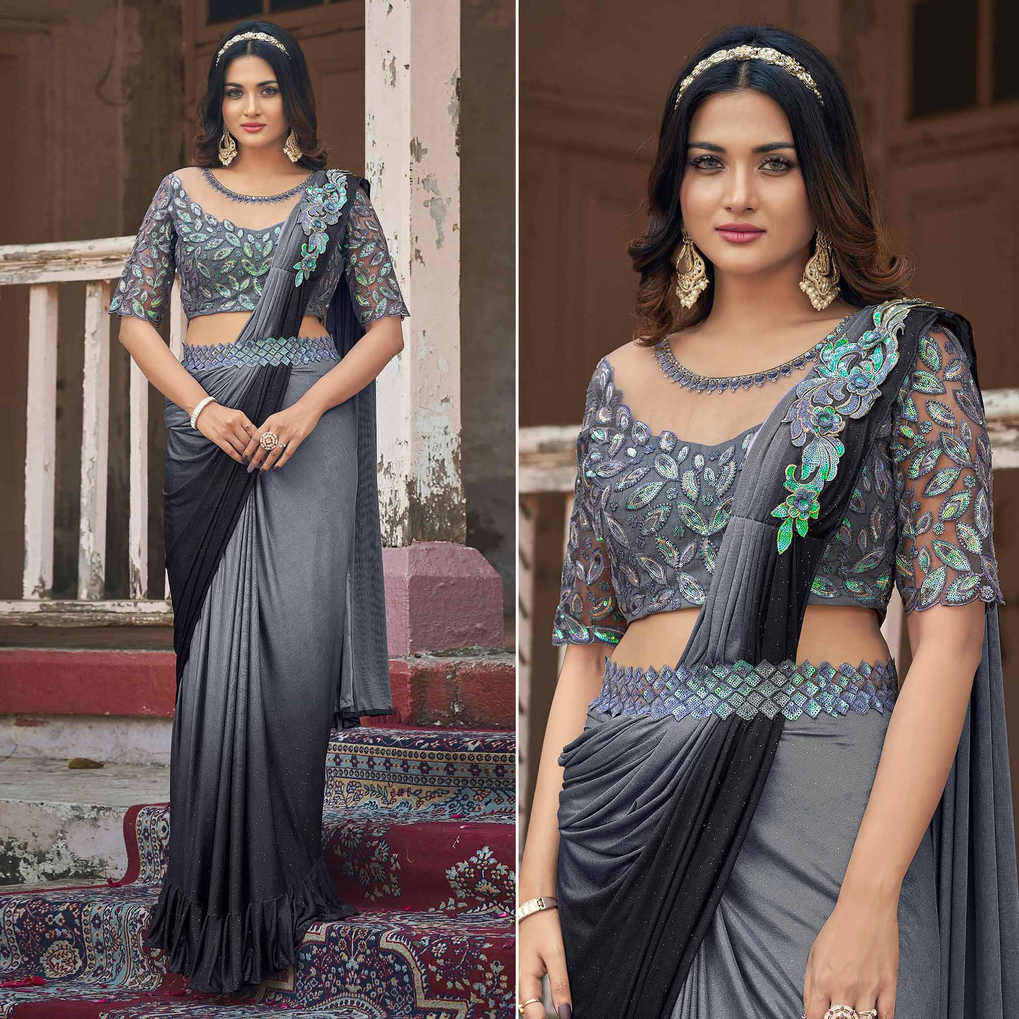 Peachmode Seller Grey Sequins Embroidered Ready To Wear Lycra Saree