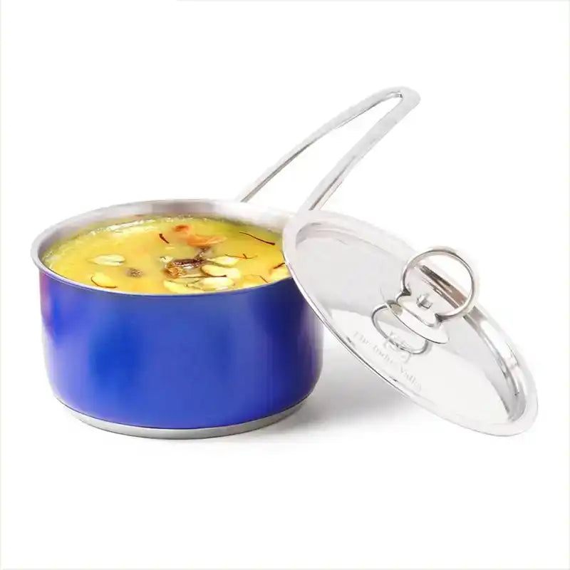 The Indus Valley Tri-Steel Premium Stainless Steel Saucepan/ Milk/ Tea Pan, Tri-ply (3 Layer) Induction Bottom, Steel Lid, 1.4L, Blue
