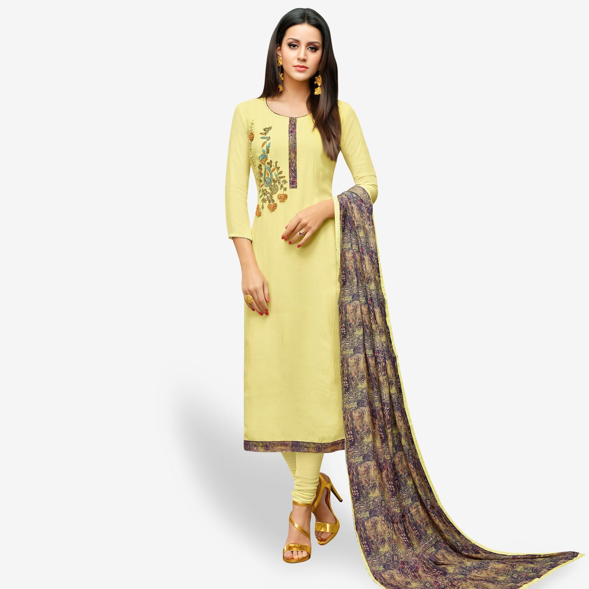 Peachmode Innovative Lemon Yellow Colored Party Wear Cotton Silk Salwar Suit