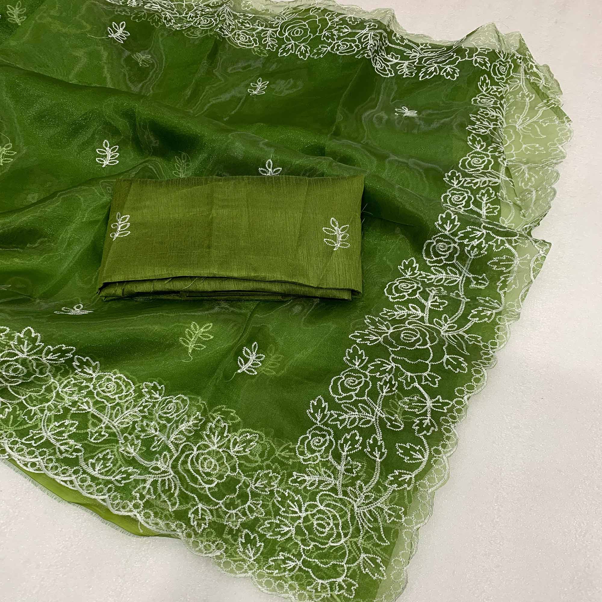 Peachmode Mehendi Green Floral Embroidered Organza Saree