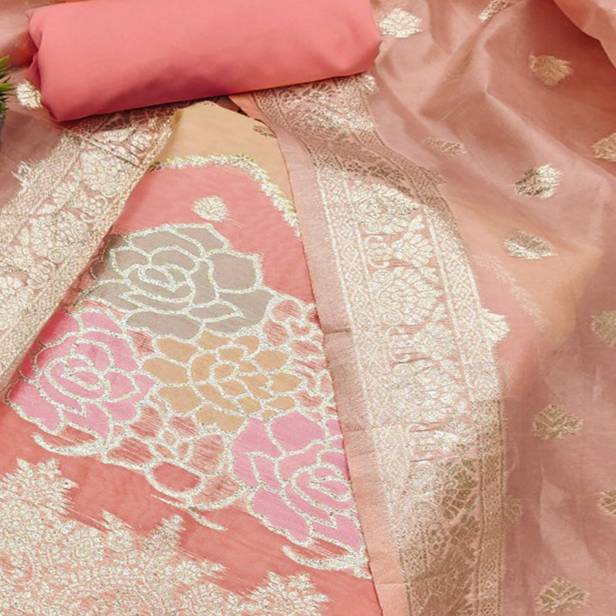 Peachmode Peach Floral Woven Organza Dress Material - view 2