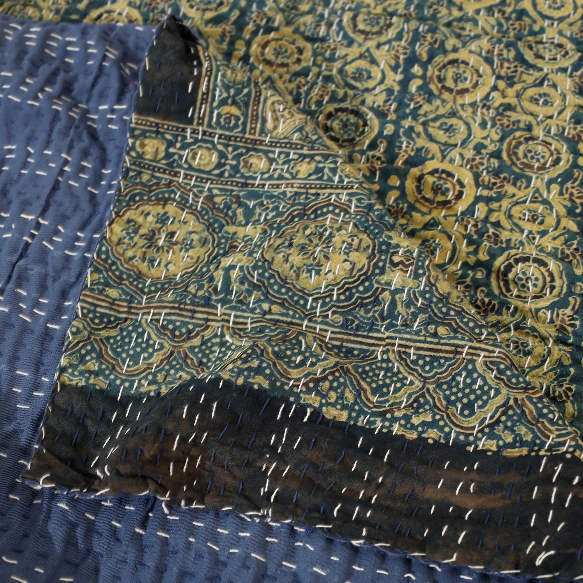SHADES OF MARUDHARA Blue - Ajrakh Block Printed Kantha Work Cotton Double Bed Cover (105 x 90 in) - view 4