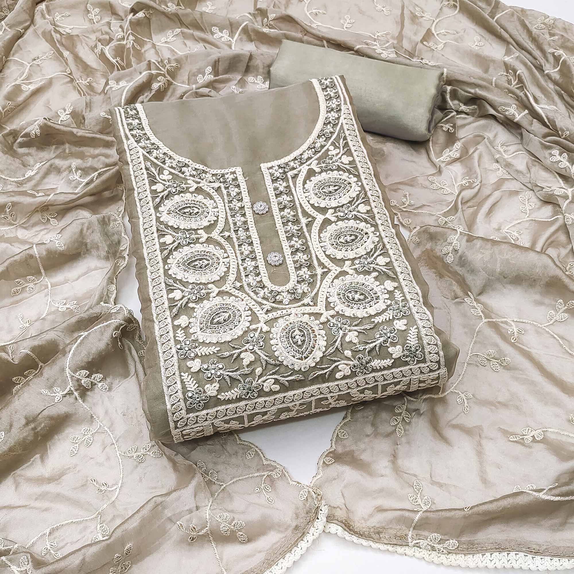 Peachmode Light Grey Floral Sequins Embroidered Organza Dress Material