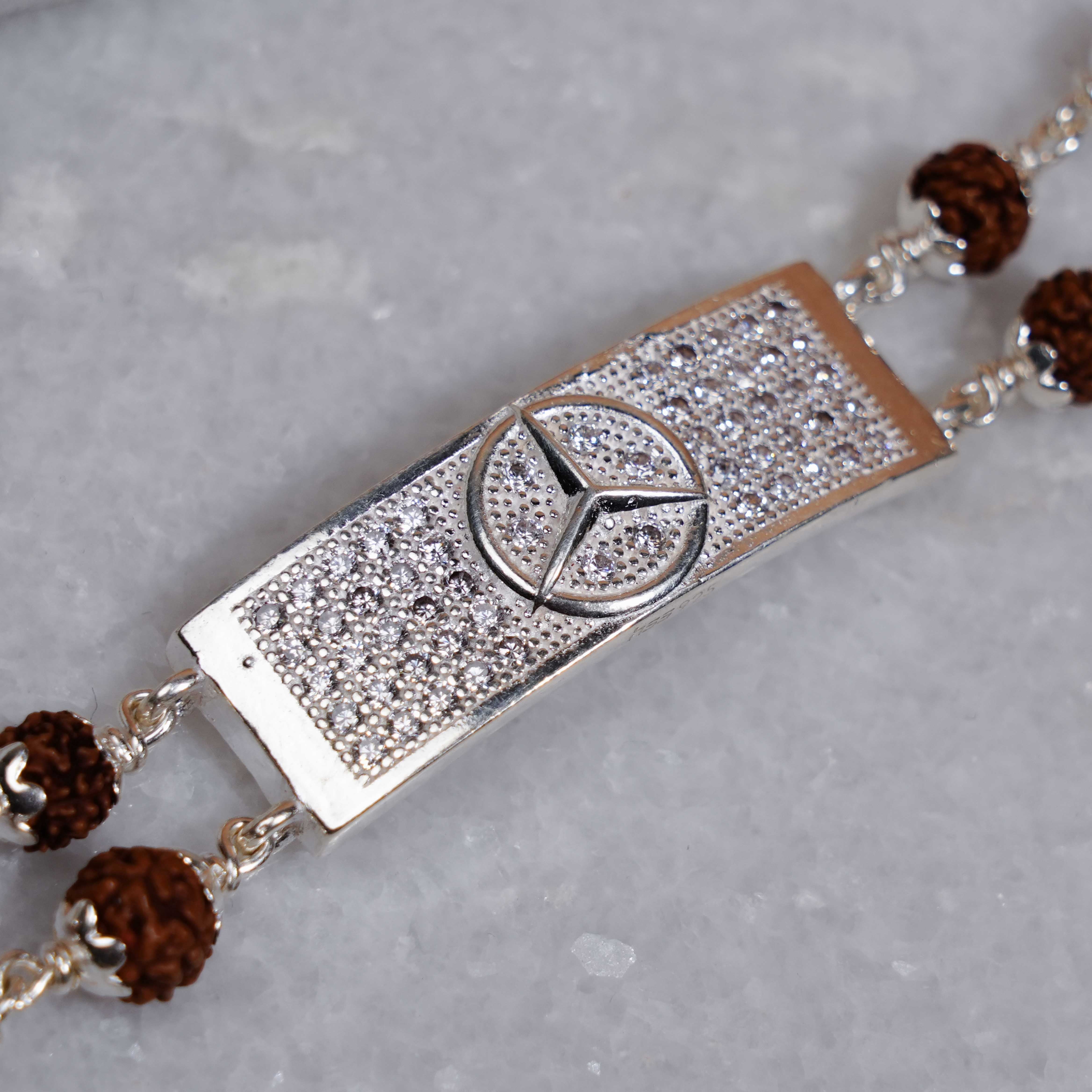 Prinjal Jewellers Rudraksha Silver Mercedes Symbol Double Line Bracelet