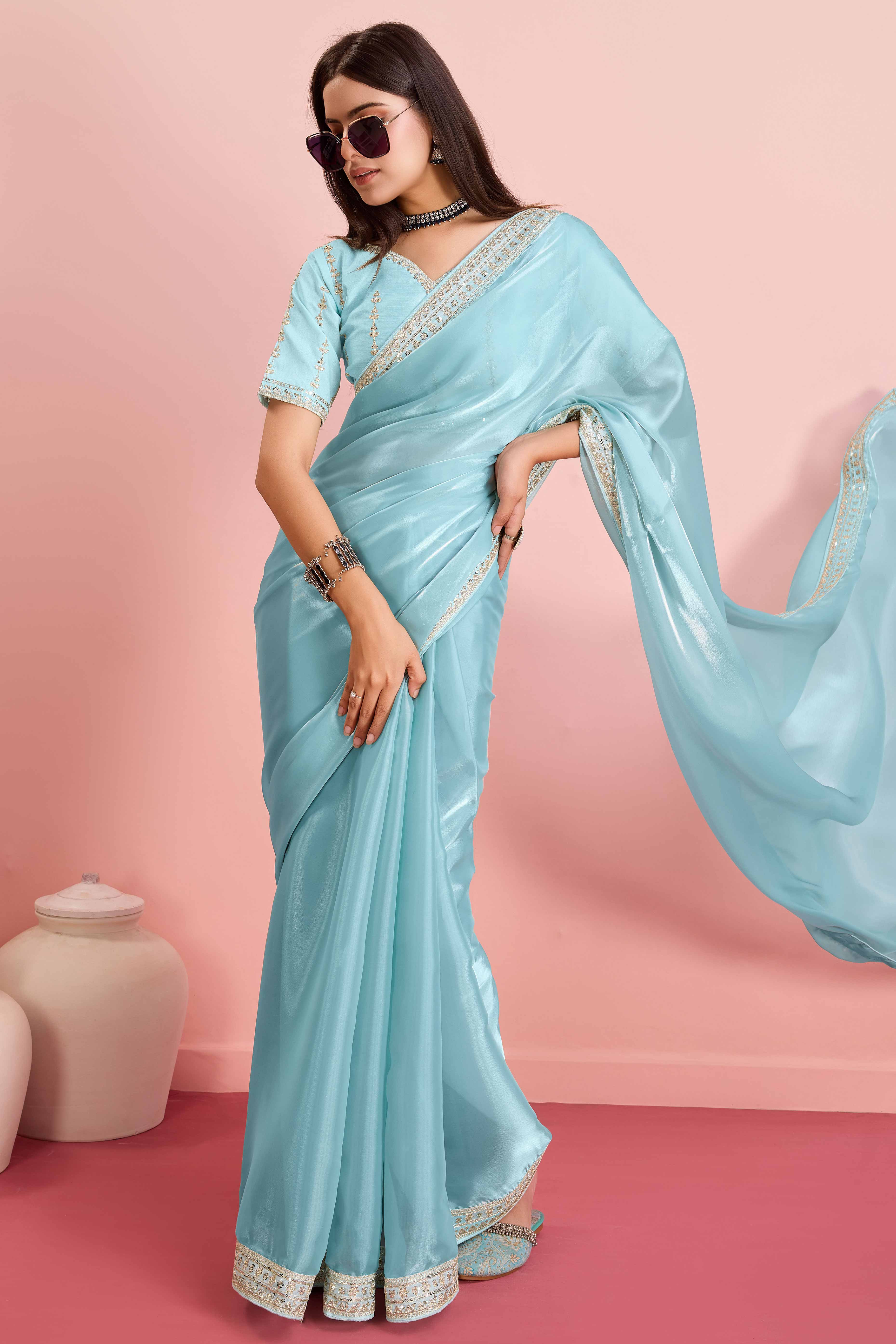 Peachmode Blue Solid With Floral Sequins Embroidered Jimmy Choo Tissue Saree