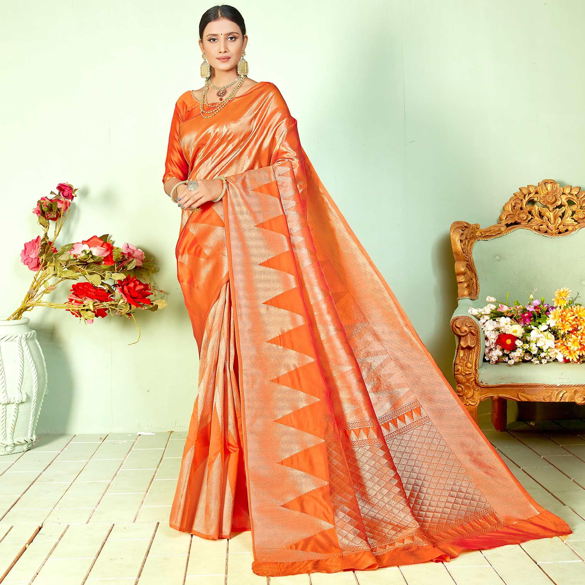 Peachmode Breathtaking Orange Colored Festive Wear Woven Silk Saree