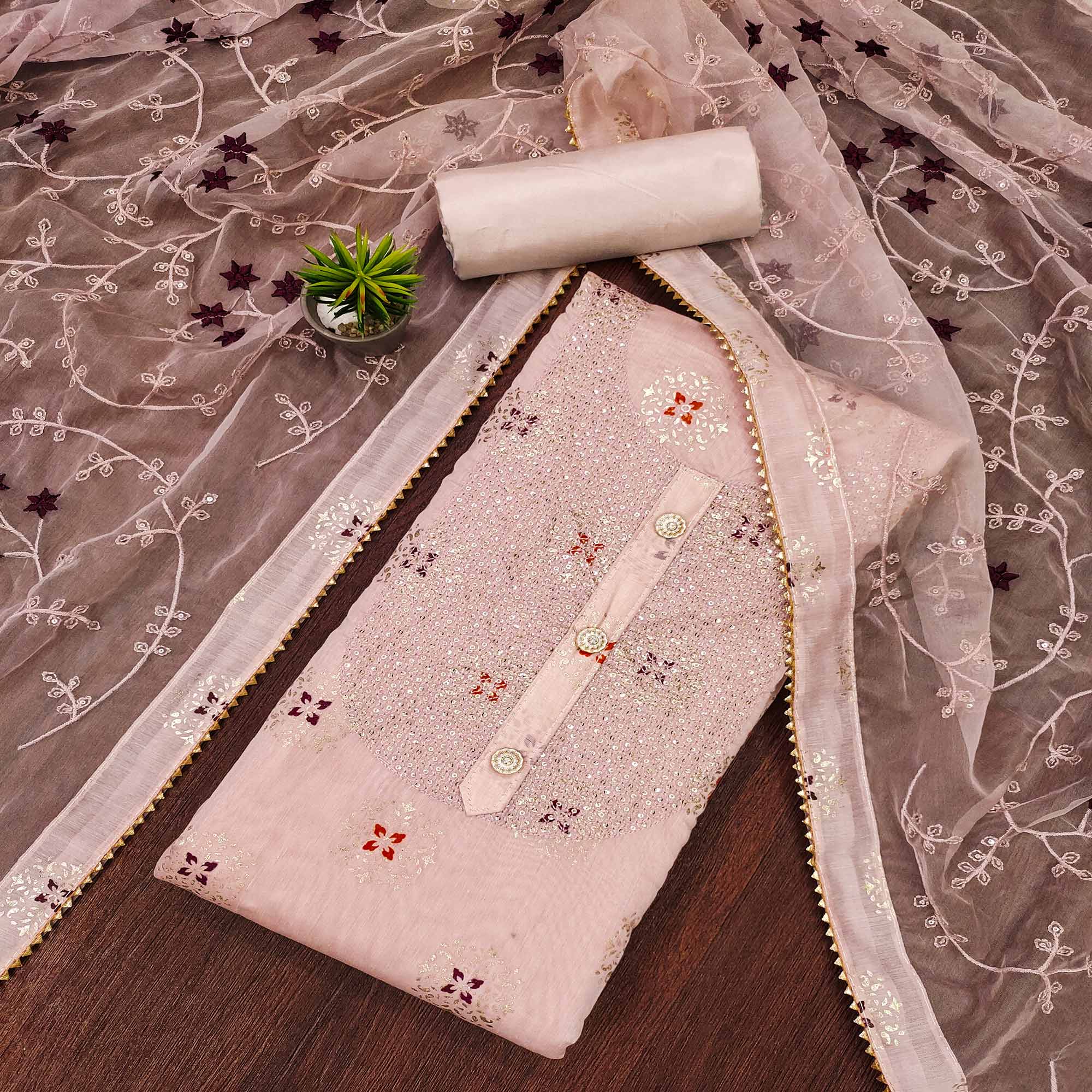 Peachmode Mauve Floral Foil Printed Chanderi Dress Material