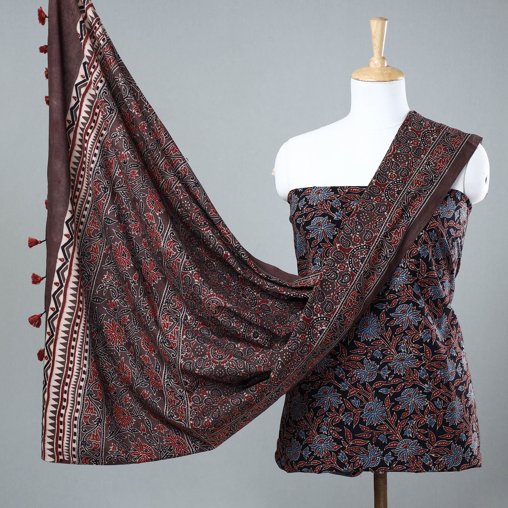 AJRAKH BY JABBAR KHATRI Black - 3pc Ajrakh Block Printed Cotton Suit Material Set