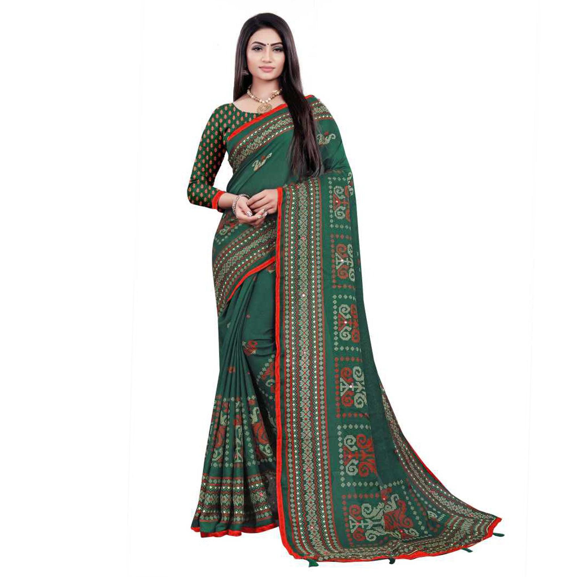 Green sarees – BlackTree green-casual-wear-print-with-mirror-work-jute-saree-130195